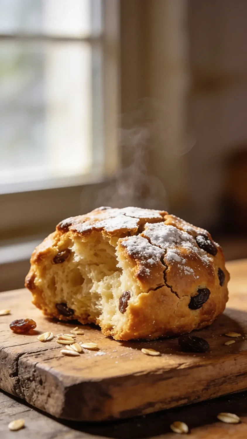 A close-up of a single air-fried rock cake on a rustic wooden board, jagged edges cracked open to reveal a tender crumb inside. The cake should have a crackled, golden-brown crust with a light dusting of powdered sugar and a few scattered raisins or oats for texture. Use natural window light to accentuate the crisp exterior and soft interior, with subtle steam rising and a shallow depth of field that blurs the background to keep focus on the cake.