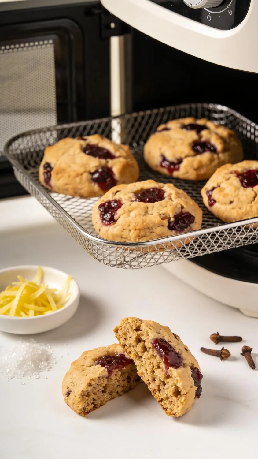 An editorial shot of a baking setup: an air fryer interior visible with a tray of jam-studded rock cakes cooling on a wire rack, next to a small dish of lemon zest and a sprinkle of sugar crystals. The foreground features a single rock cake cut in half to showcase the crumbly interior; include a few whole cloves or cinnamon sticks as subtle seasonings seen in the background. Use clean, white surfaces and soft, natural daylight to convey a modern, professional look.