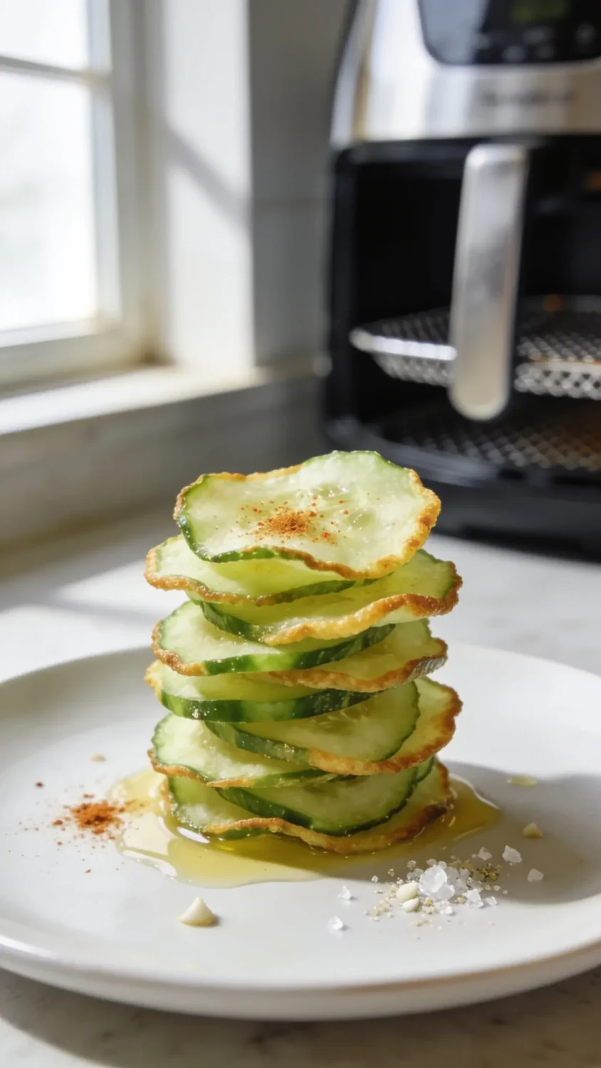 [Food photography prompt] Close-up shot of a stack of uniformly thin cucumber chips fresh from the air fryer, edges lightly golden and crisp. Use a shallow depth of field to blur a clean white plate and the air fryer basket in the background. Garnish with a light sprinkle of paprika and garlic powder visible on the chips, a subtle drizzle of olive oil sheen, and a small pinch of flaky sea salt. Natural daylight from a window to the left, with soft shadows and a minimal, clean countertop backdrop.