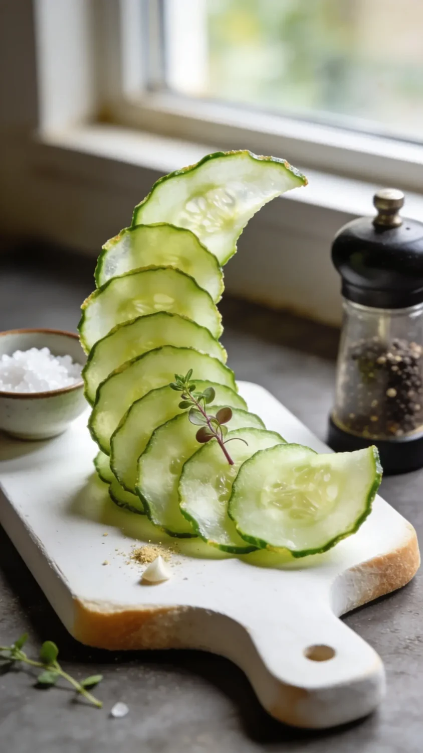 [Food photography prompt] A vibrant, artisanal presentation: a small white breadboard holding a neat stack of cucumber chips fanned in a crescent, each chip nearly translucent at the edges with crisp texture. Garnish with a micro-herb sprig (like dill or parsley) and a pinch of garlic powder visible on the surface. Shoot at a 45-degree angle with a shallow depth of field, natural window light, and a complementary accessory—e.g., a small bowl of sea salt and a pepper grinder—to evoke a simple, snack-platter vibe.