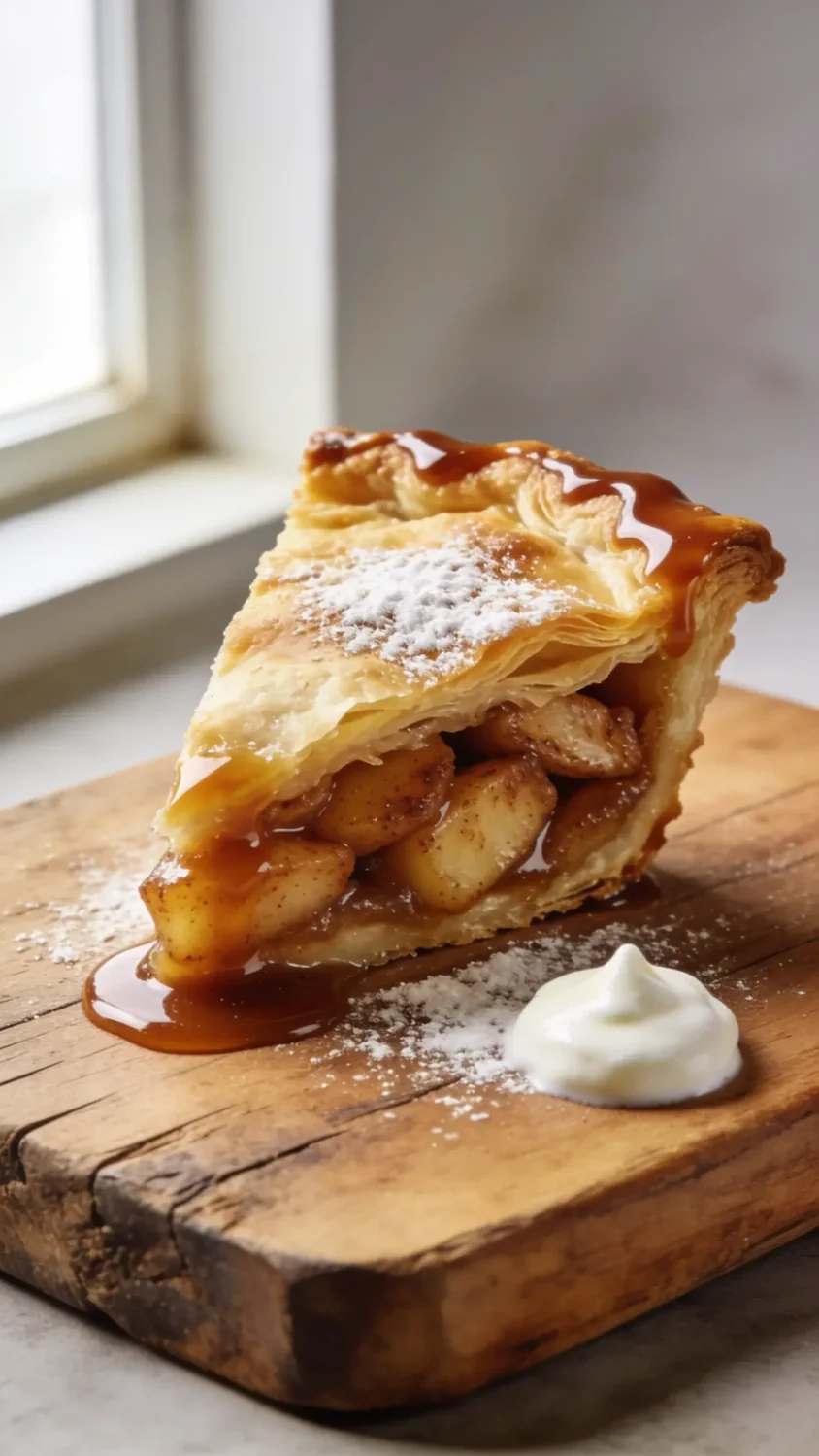 A close-up, studio-style shot of a single Air Fryer Apple Pie Bombshell half-slice on a rustic wooden board, showcasing flaky golden crust, caramel glaze pooling at the edge, and glossy cinnamon-apple filling. Natural window light from the left highlights the caramel sheen, with a sprinkle of powdered sugar, a small dollop of vanilla foam on the side, and a soft, neutral backdrop to keep the focus on textures and colors.