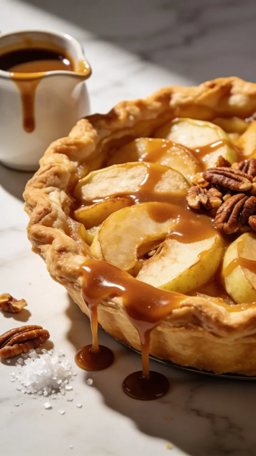 Side-angle still life of the pie being finished with a caramel drizzle, capturing the glossy caramel cascading over the flaky crust. Include a small pitcher of caramel sauce, a pinch of flaky sea salt, and a sprinkle of toasted pecans or walnuts for texture. Shoot on a light marble surface with soft shadows, highlighting the crust’s crispness and the juicy apple interior, under natural daylight to evoke cozy, bakery-quality photography.