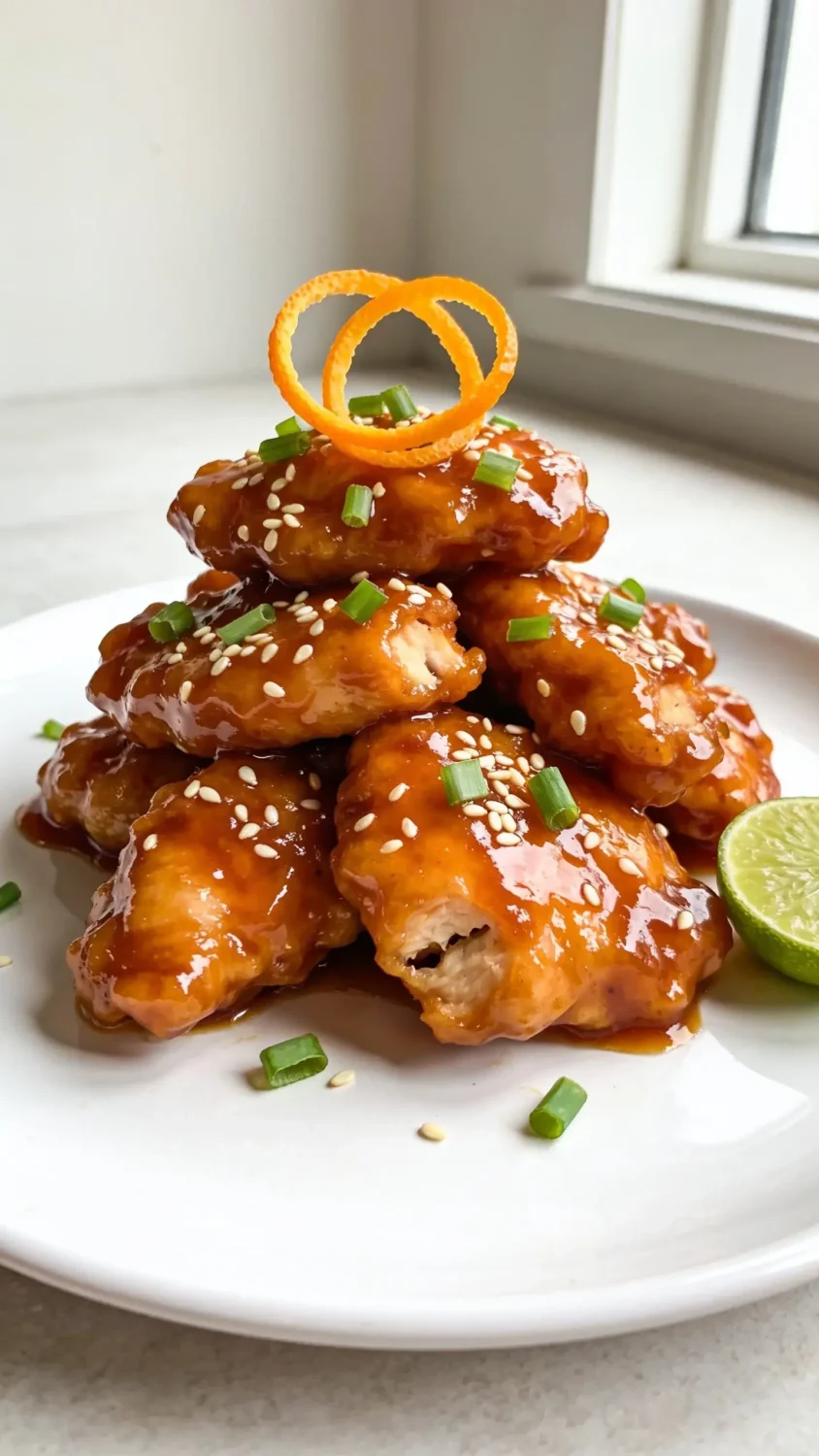 Plated composition with garnish and bite detail: a serving of orange chicken arranged in a slightly overlapping pile on a white plate, glossy caramel-orange glaze clinging to every piece, with a careful sprinkle of sesame seeds and finely sliced scallions for color. Garnish with a double orange zest twist and a small lime wedge for brightness. Shoot at a low angle to capture the height and crunch, with natural light from a nearby window, a neutral backdrop, and a clean, minimalist table setting to emphasize the texture, glaze shine, and appetizing bite marks.