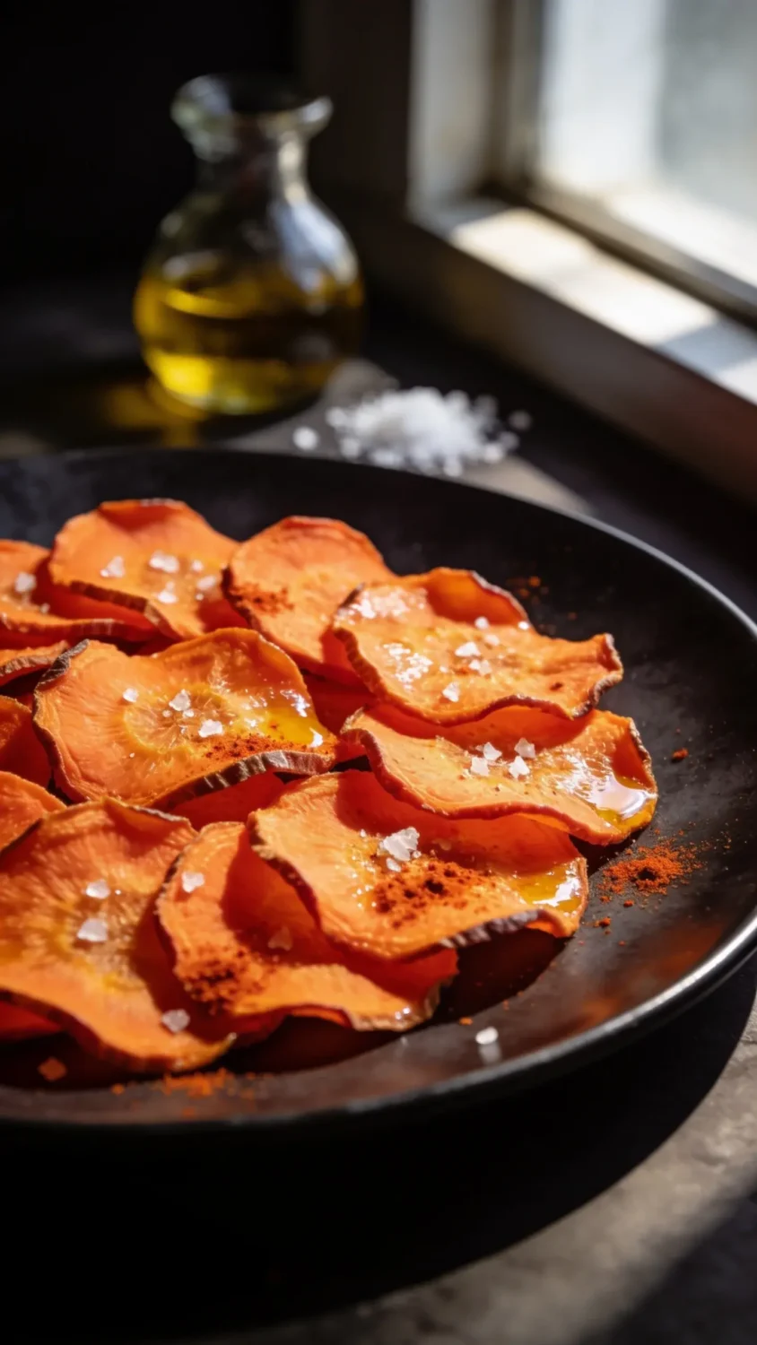 A close-up, high-contrast shot of thin, uniform carrot chips arranged in a single layer on a dark matte plate. Emphasize the crisp edges and slightly glossy finish from a light coating of oil. Sprinkle with a tiny pinch of flaky sea salt and a dusting of paprika for a warm orange-red glow. Use natural window light from the side to create gentle shadows and highlight the chips’ texture, with a blurred background featuring a small glass bottle of oil and a pinch of sea salt for context.