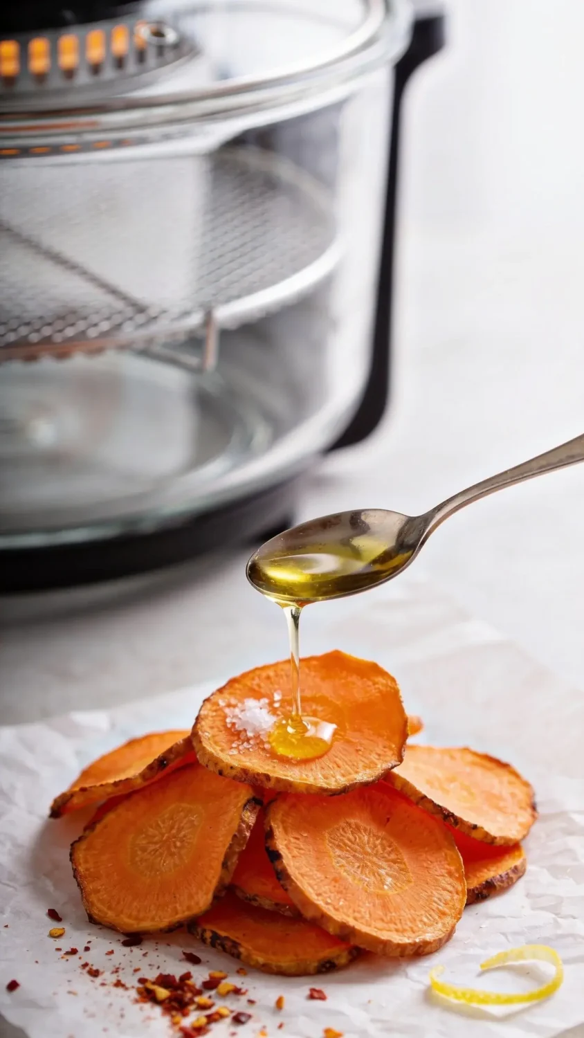 A styled still life illustrating the air fryer preparation process: a small pile of freshly sliced carrot chips on parchment paper, a teaspoon of oil being drizzled, and a pinch of salt visible on the chips. Include a transparent air fryer basket out of focus in the background to imply method, with a shallow depth of field. Use soft natural light to highlight the chips’ crisp texture and slight caramelization, and add subtle garnishes like a light dusting of chili flakes and a lemon zest twist for color contrast.