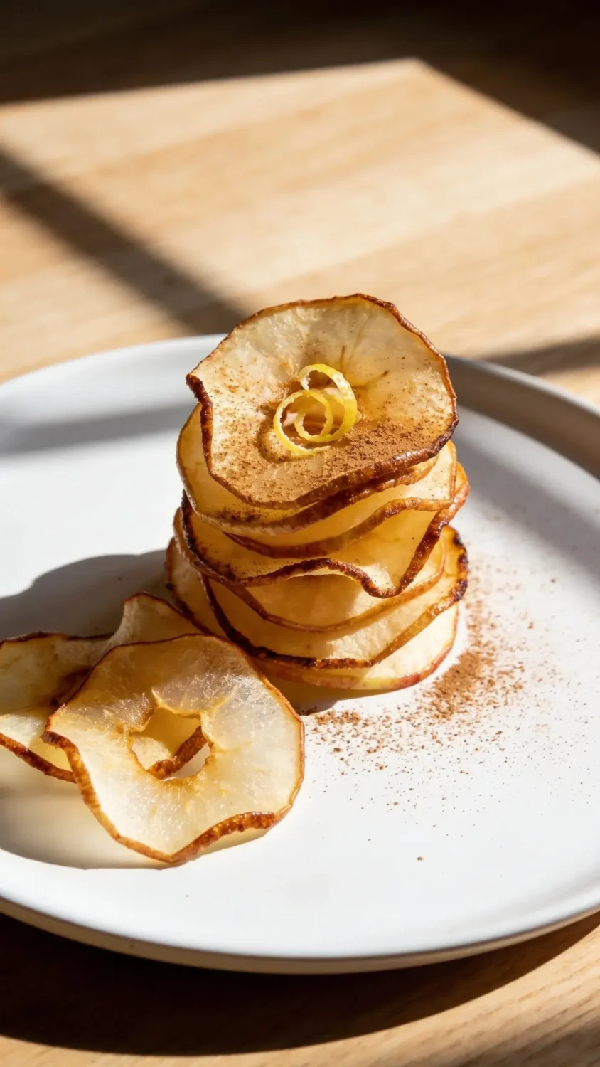 Crisp air-fried apple chips arranged in a delicate spiral on a matte white plate, with a light dusting of cinnamon and a tiny lemon zest twist as garnish. Natural window light casts soft shadows, showing the caramelized edges and translucent edges of Honeycrisp/Fuji slices, a few chips stacked for height, clean wooden background, minimal props to keep focus on the texture and color.
