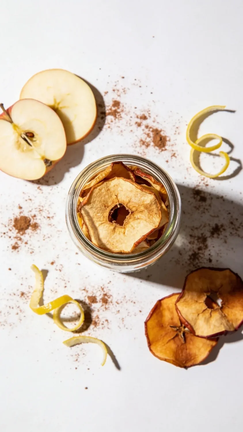 A flat lay of a mason jar filled with crispy apple chips labeled “Air Fry Dried Apples,” surrounded by scattered cinnamon dust, lemon zest curls, and a few intact apple slices showing variation in color from pale cream to deep amber. Use natural morning light, crisp white background with a soft shadow, highlight texture variation from chewy centers to snap-crisp edges, minimal clutter to keep the composition editorial and appetizing.