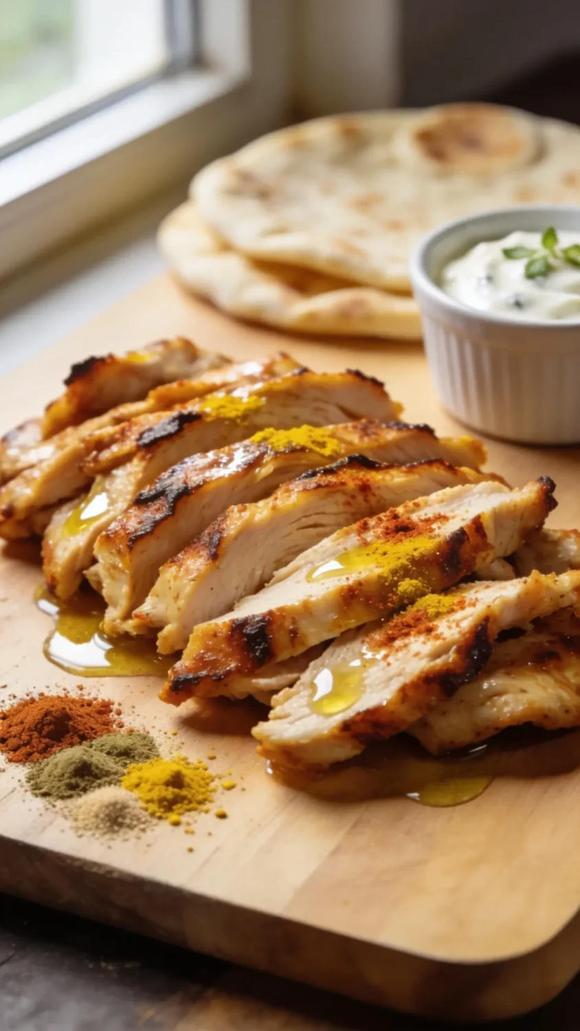 Sizzling air-fried chicken shawarma close-up: ultra-crisp, caramelized edges on thinly sliced chicken pieces fresh out of the air fryer, glistening with a light drizzle of olive oil and a dusting of paprika and turmeric. Place on a light wooden board with a small pile of the spice mix (cumin, coriander, garlic powder, onion powder) sprinkled nearby. Add a warm, natural window light with a shallow depth of field, a soft background of flatbreads or pita and a ramekin of garlic yogurt sauce off to the side, highlighting texture and color contrast.