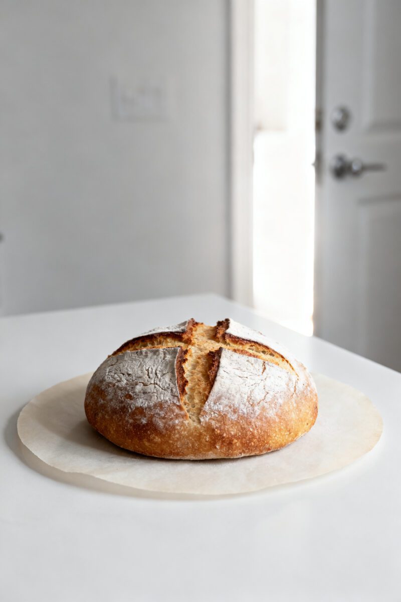 5–2 inches tall) on a neatly cut parchment round, top deeply scored with a cross, crust turning go