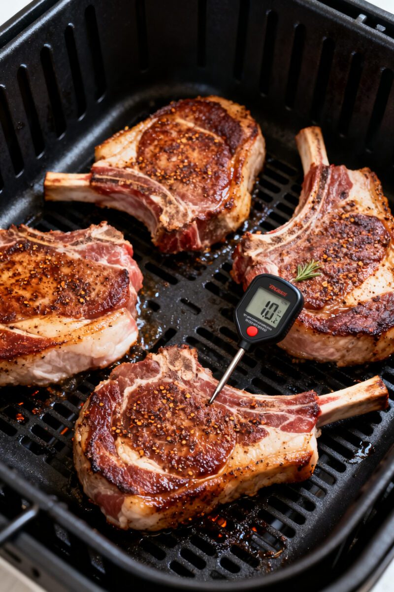 5 inch bone-in pork chops spaced apart (not overcrowded), flipped halfway; surfaces browned and sizz