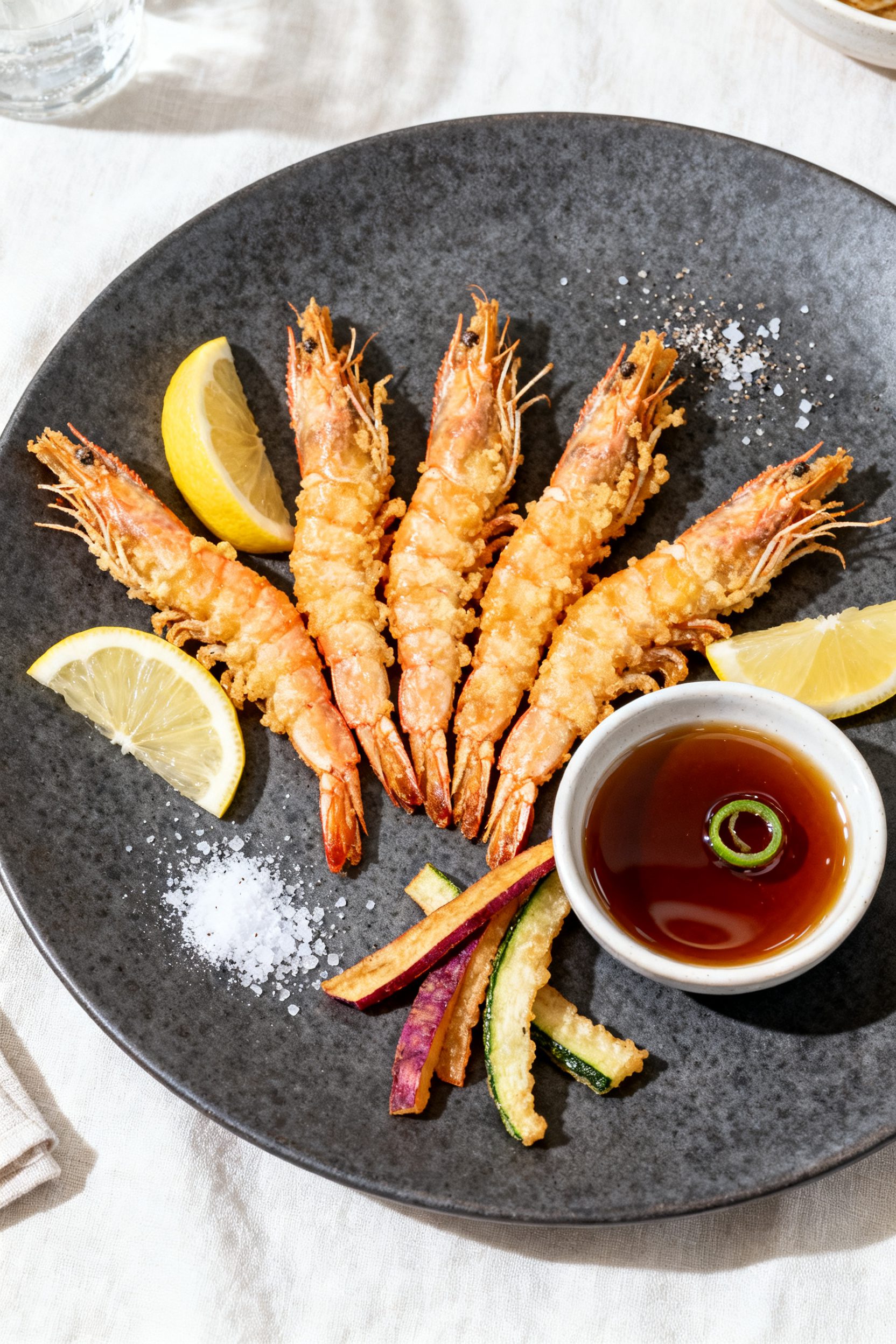 Beautifully plated final dish: Air Fryer Tempura Shrimp arranged in a gentle fan on a matte charcoal