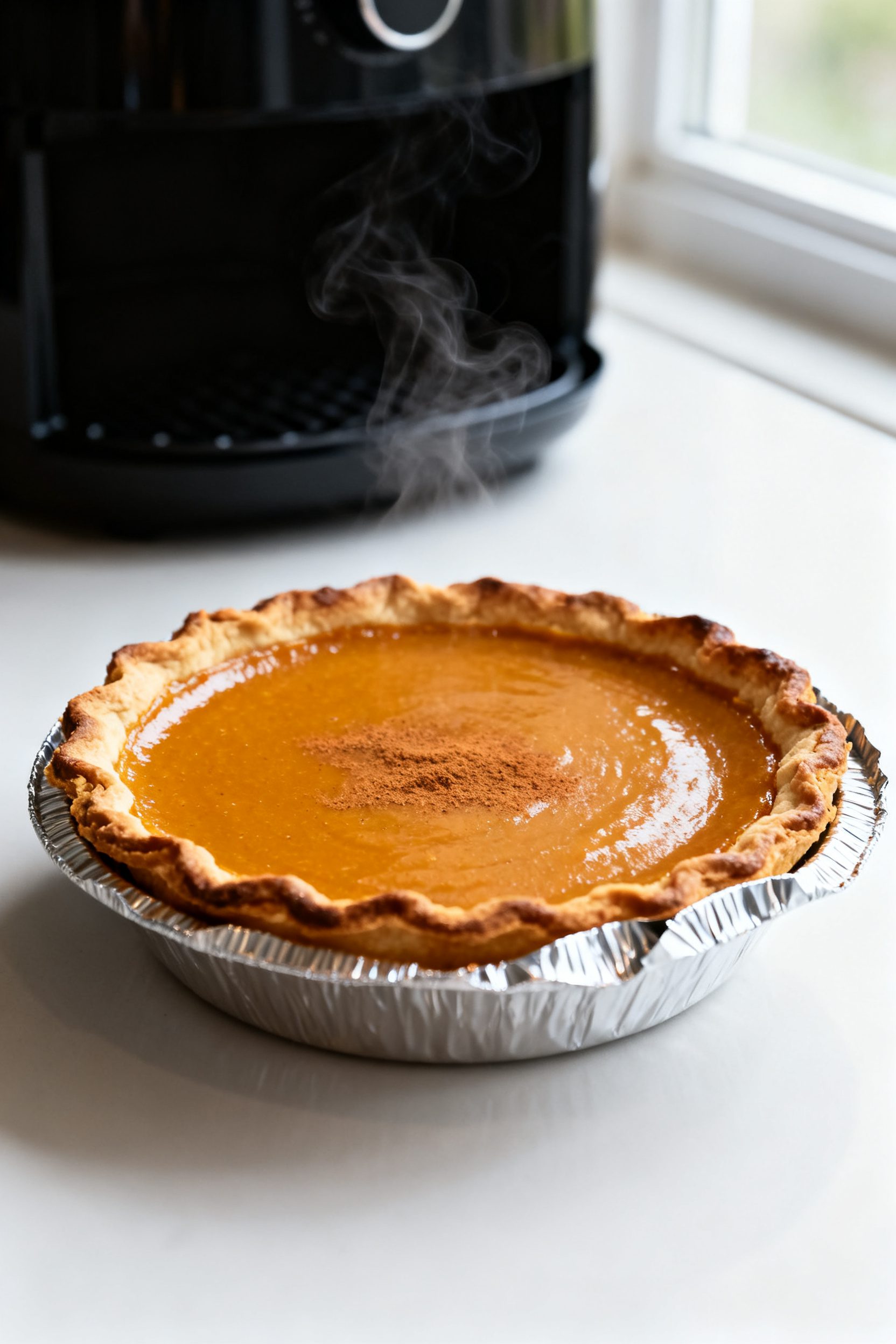 Close-up detail: A 6–7-inch air-fried pumpkin pie just out of the basket with a foil-crimped crust
