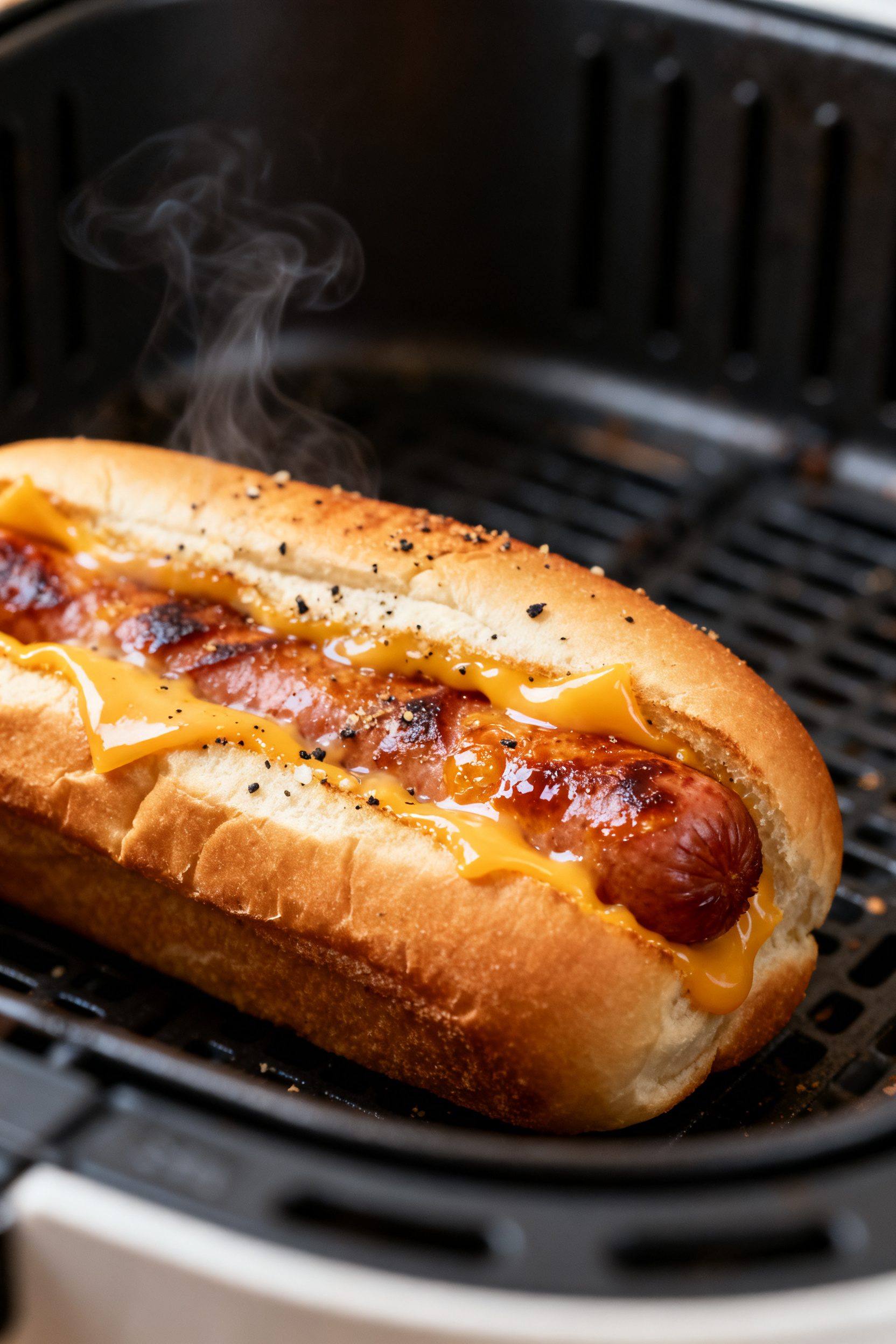 Close-up detail: A freshly air-fried grilled cheese hot dog just out of the basket at 375°F—golde