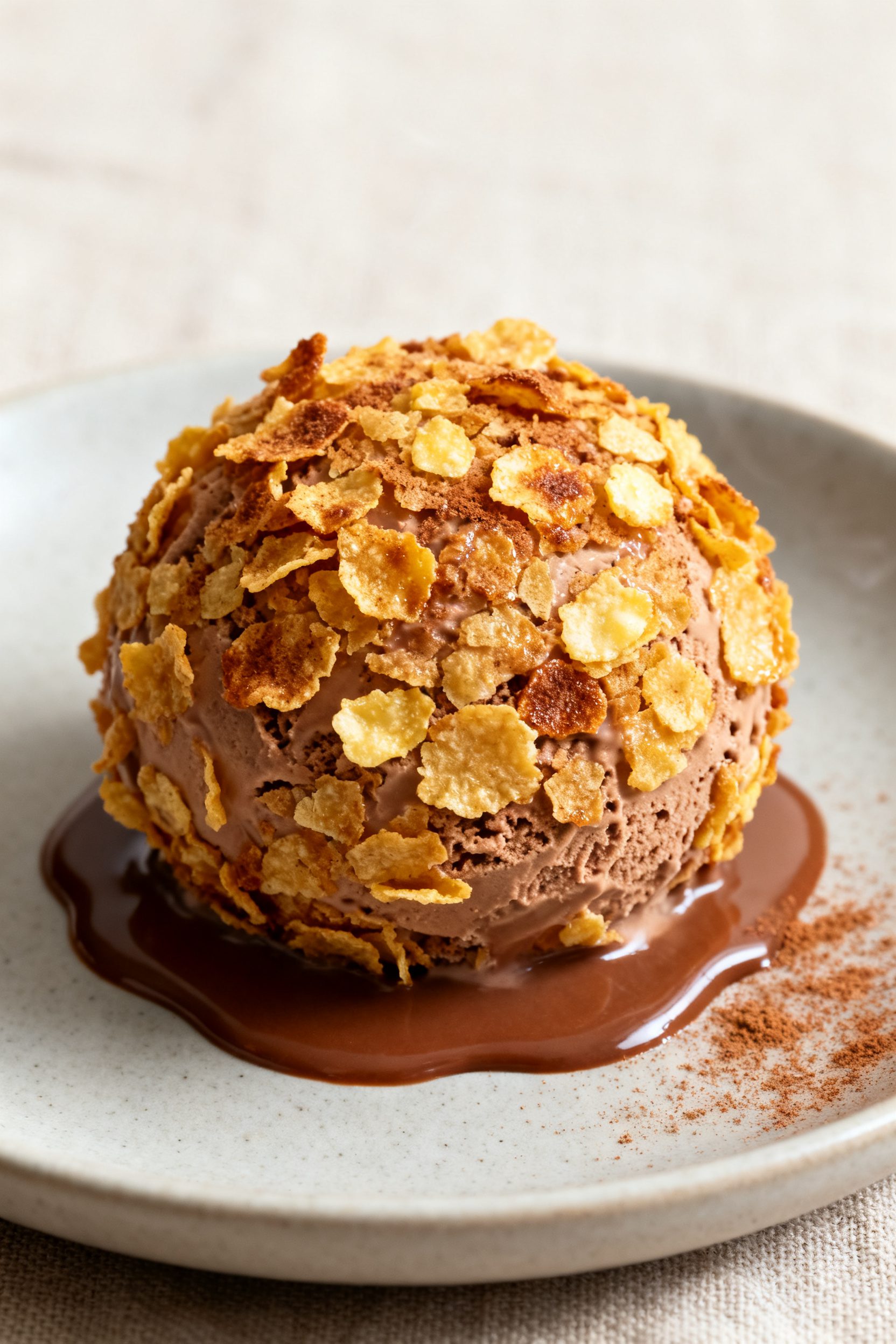 Close-up detail: A freshly air-fried ice cream ball just out of the basket, golden cornflake-and-cin