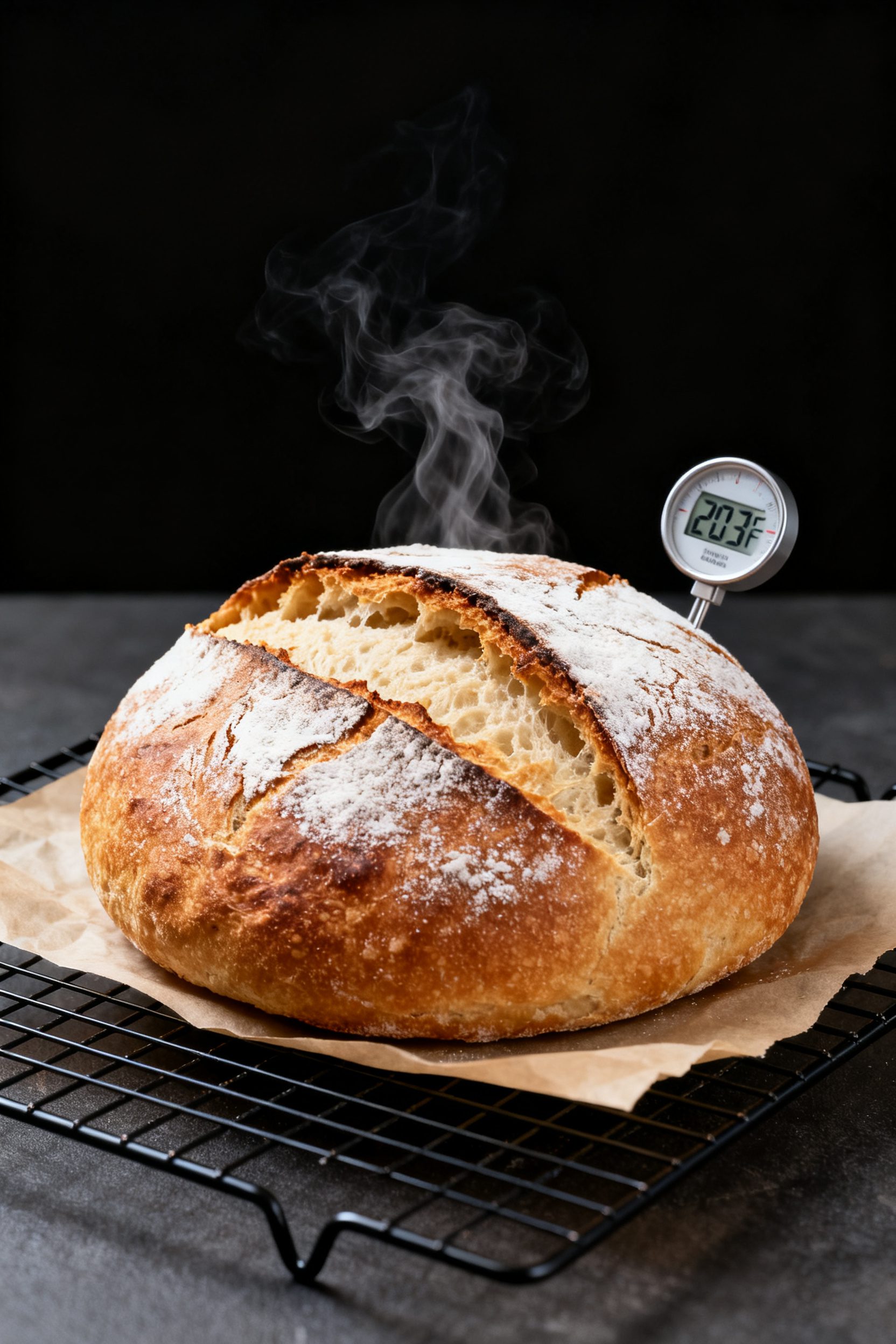 Close-up detail: A freshly air-fried no-knead round loaf just out of the basket, golden-brown crackl