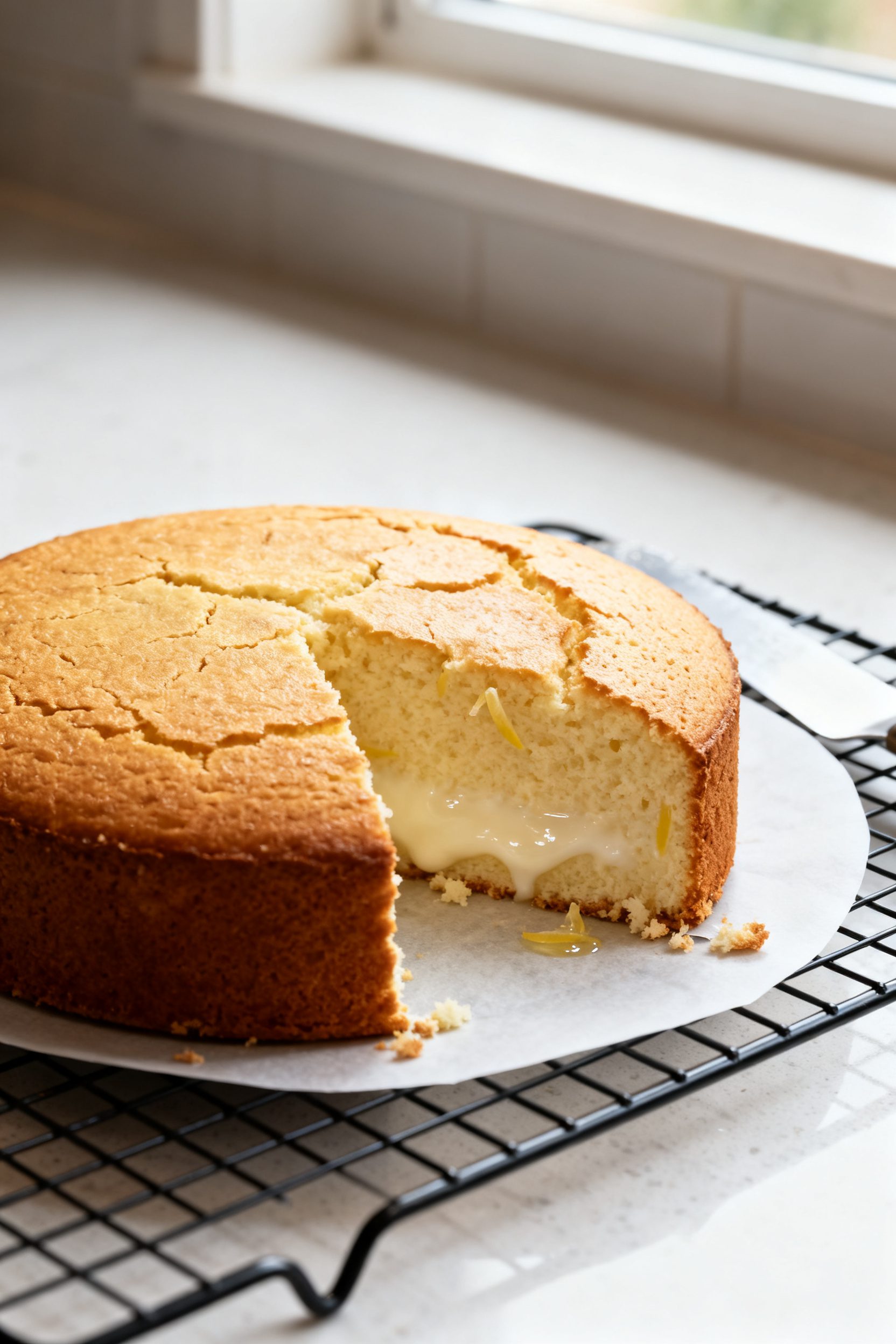 Close-up detail: A freshly air-fried yogurt cake just released from a 7-inch round pan onto a coolin