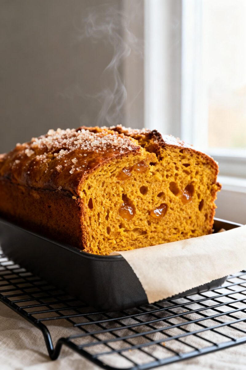 Close-up detail: A freshly baked air fryer pumpkin bread loaf just lifted from the pan, focusing on