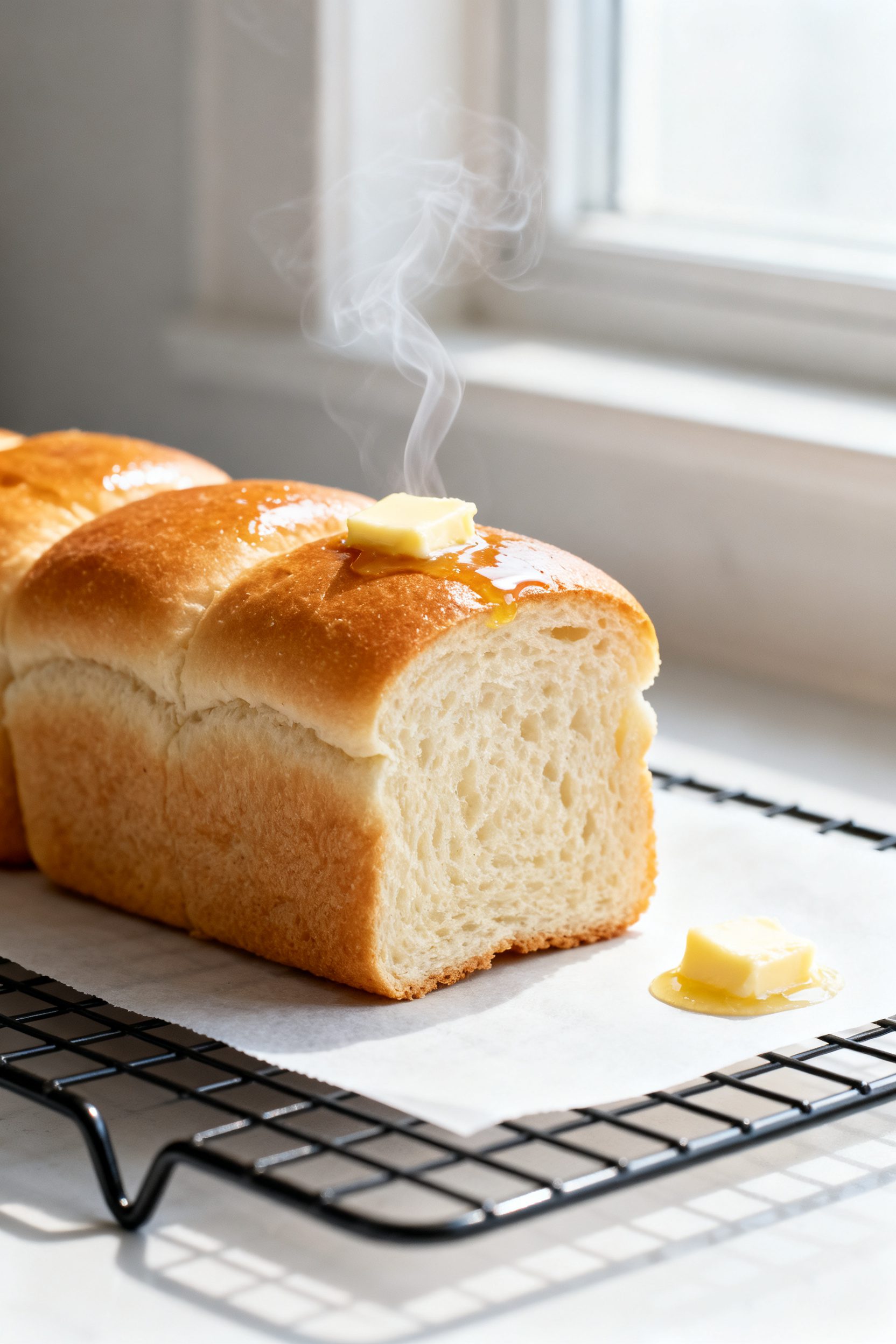 Close-up detail: A freshly baked mini loaf of air fryer sandwich bread just out of the pan, golden t