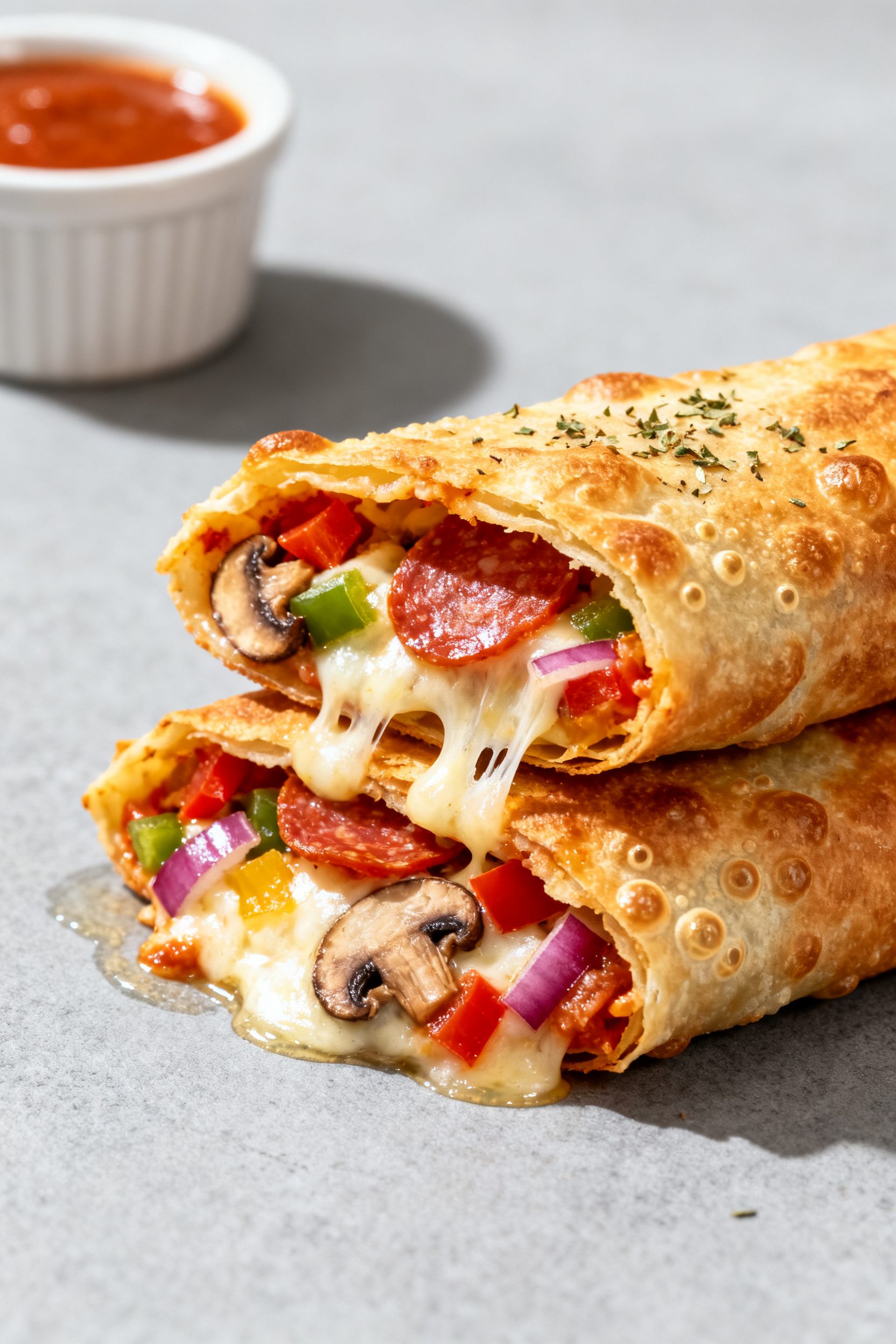 Close-up detail: A halved air fryer pizza egg roll just out of the basket, cheese visibly melty and