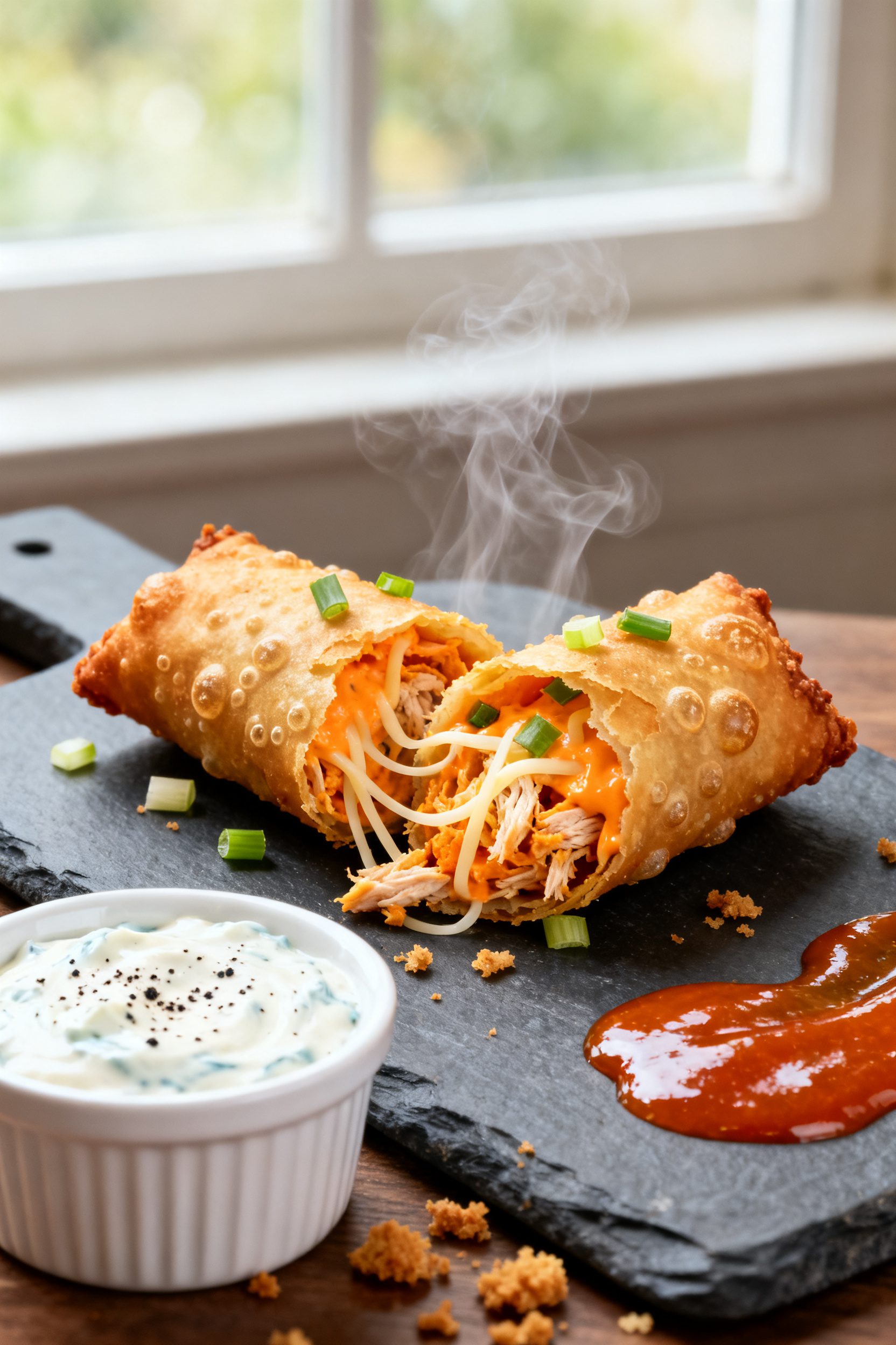 Close-up detail: A just-air-fried Buffalo chicken egg roll split open on a slate board, steam rising
