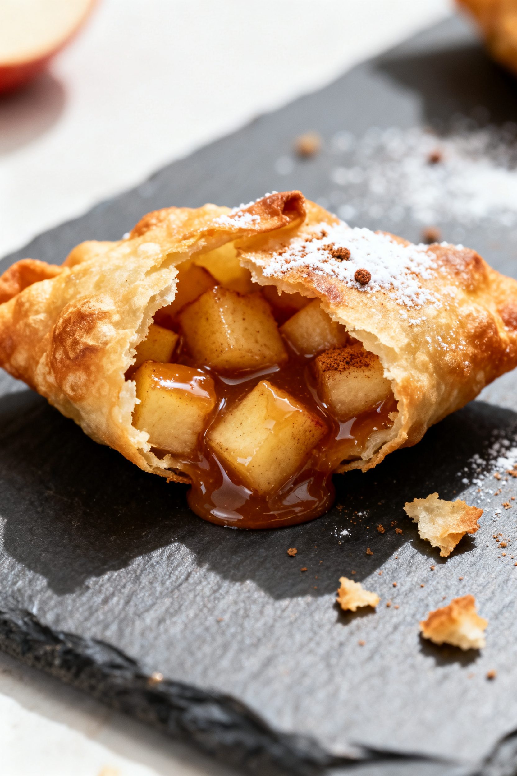 Close-up detail: A just-air-fried caramel apple wonton torn open to reveal gooey melted caramel and