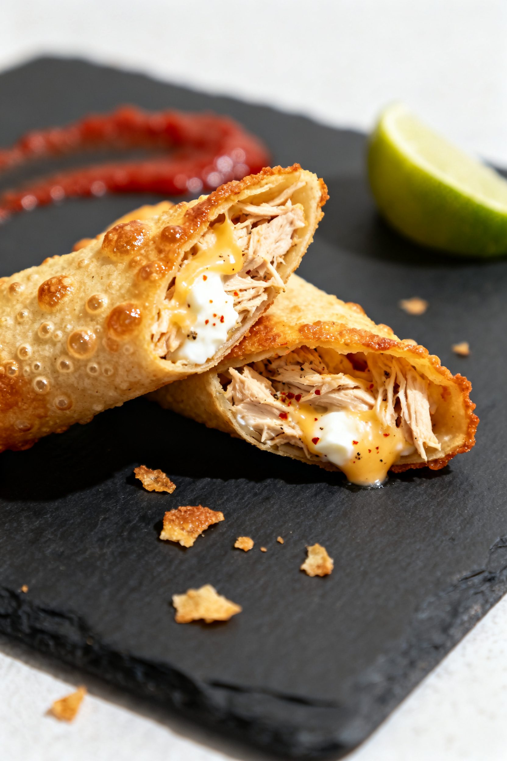 Close-up detail: A just-air-fried chicken flauta split open on a dark slate board, showing creamy sh