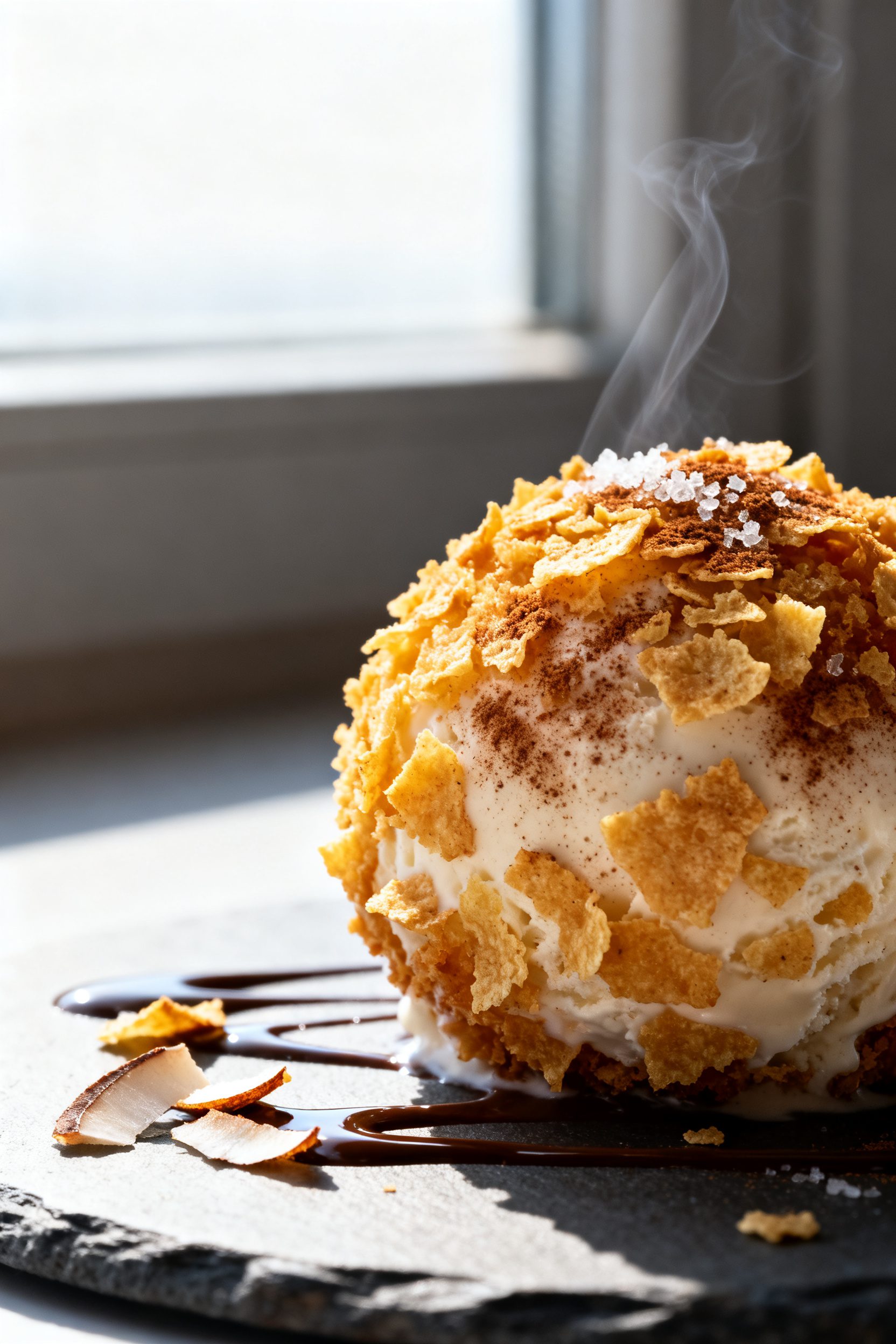 Close-up detail: A just-air-fried ice cream ball with a golden, ultra-crisp cornflake-coconut-graham