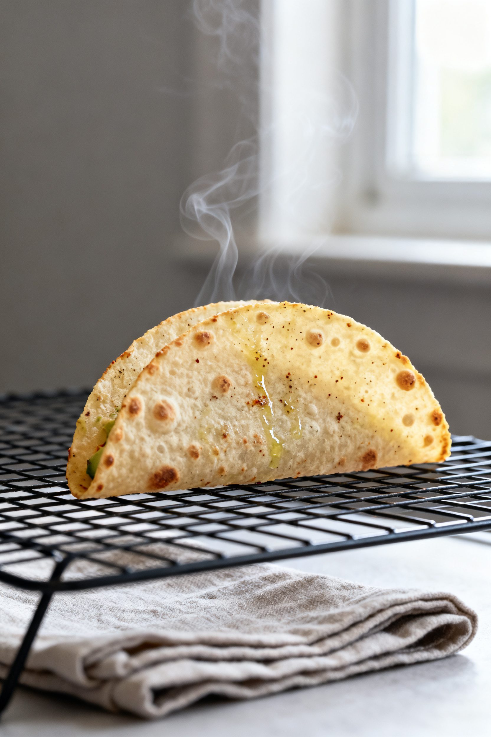 Close-up detail: A just-air-fried low carb tortilla held in a taco shape on a wire rack, showing lig