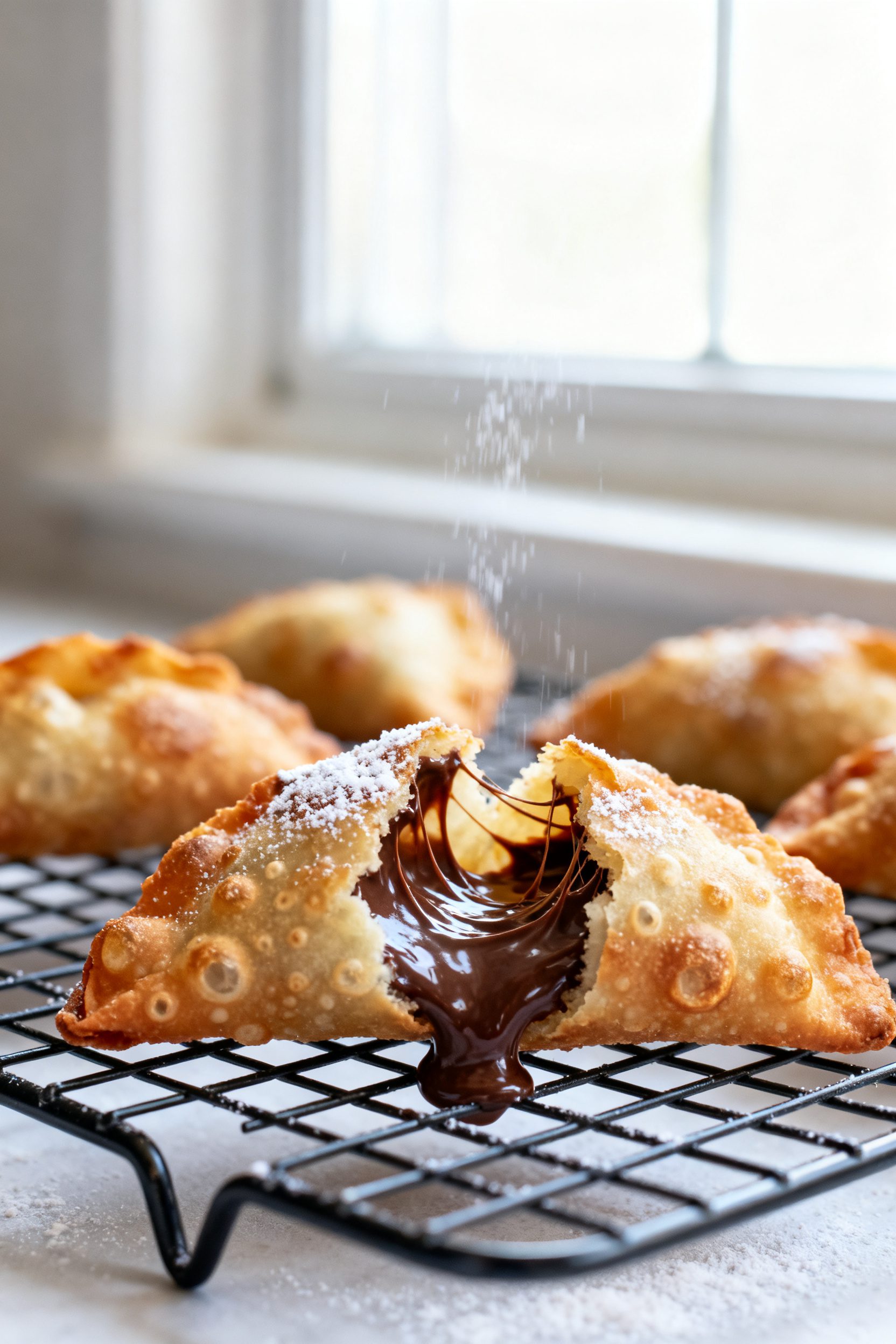 Close-up detail: A just-air-fried Nutella wonton split open on a wire rack, revealing a molten, glos