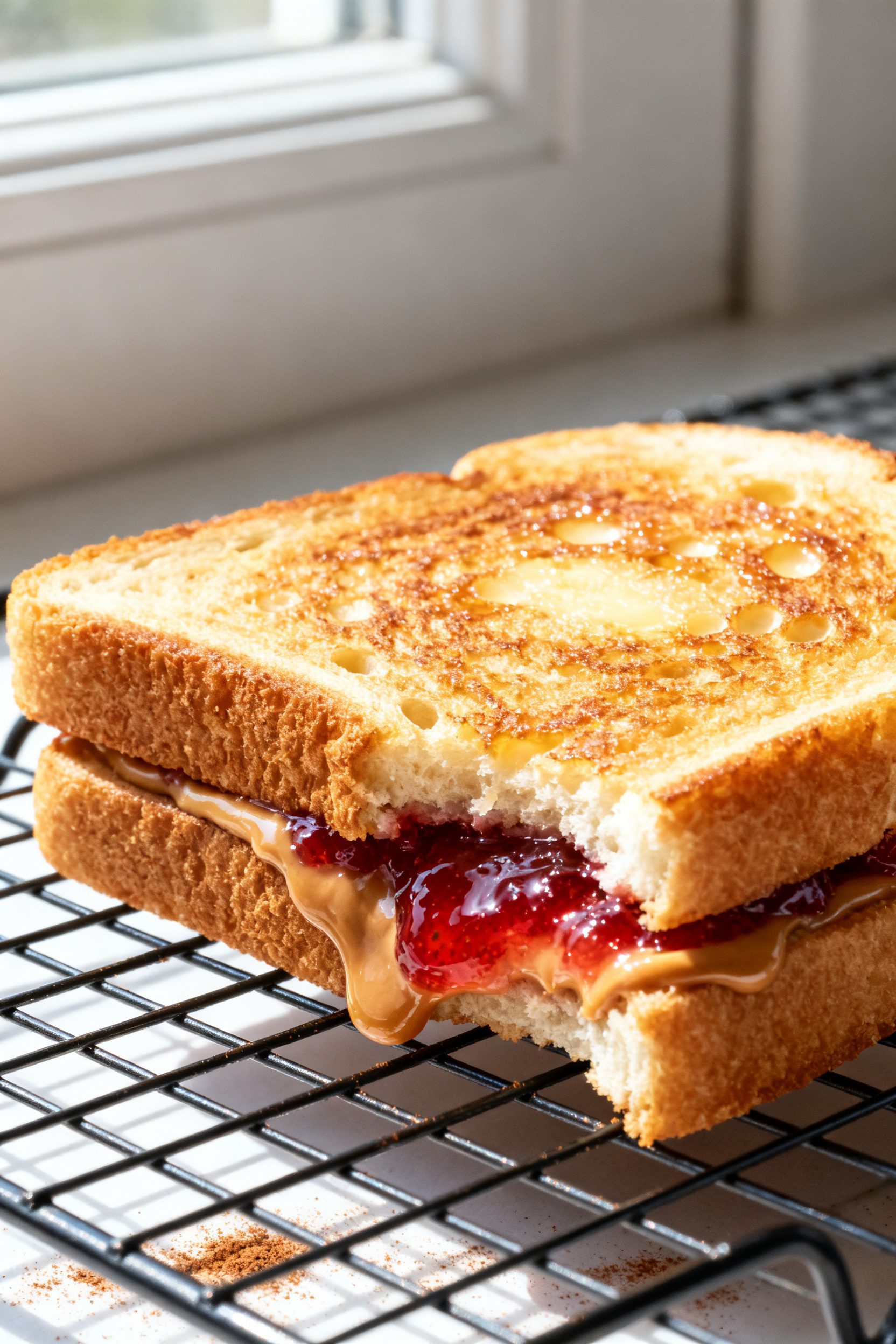 Close-up detail: A just-air-fried peanut butter and jelly sandwich resting on a wire rack, golden an
