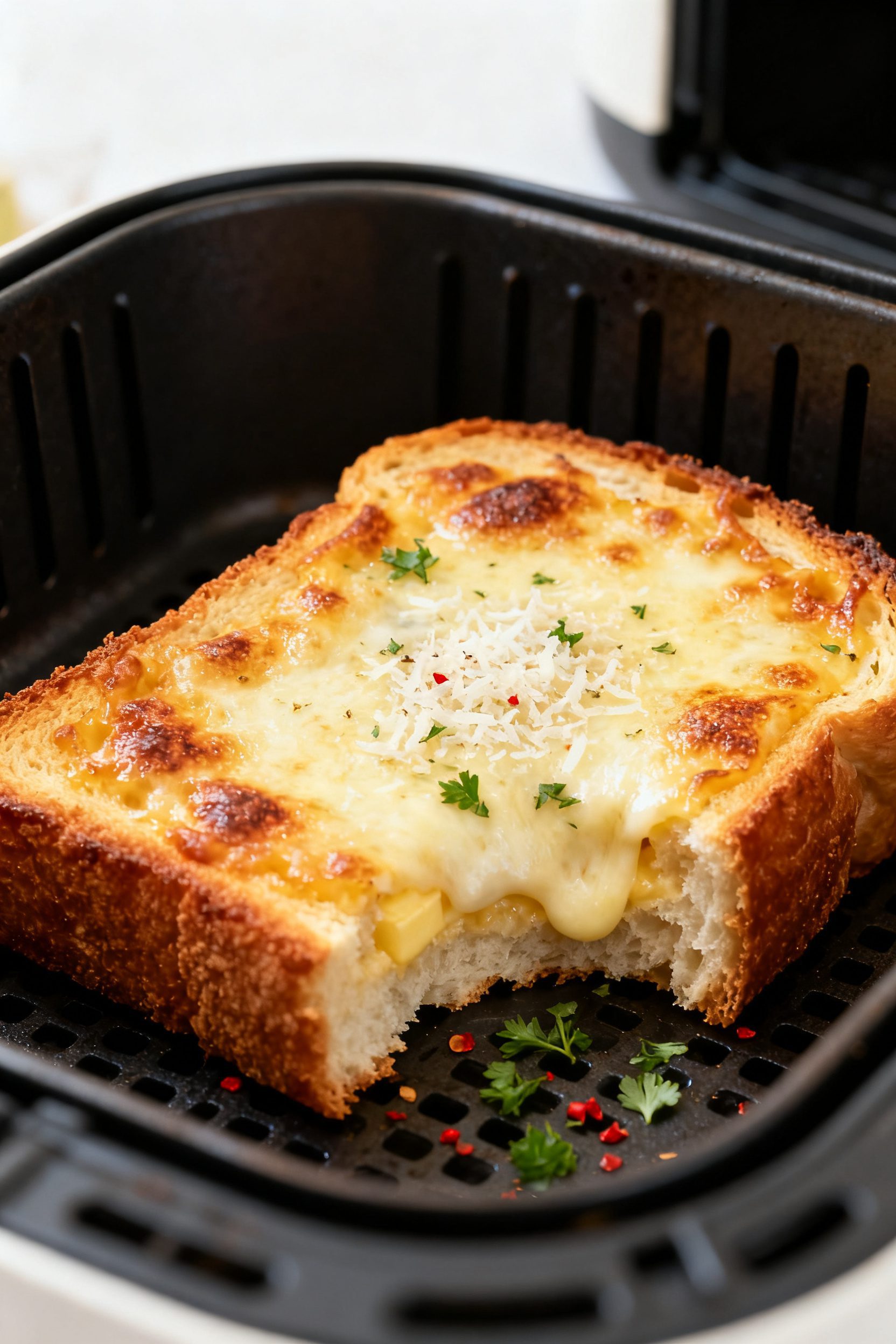 Close-up detail: A just-air-fried slice of cheesy garlic bread in the basket, cheese side up, with b