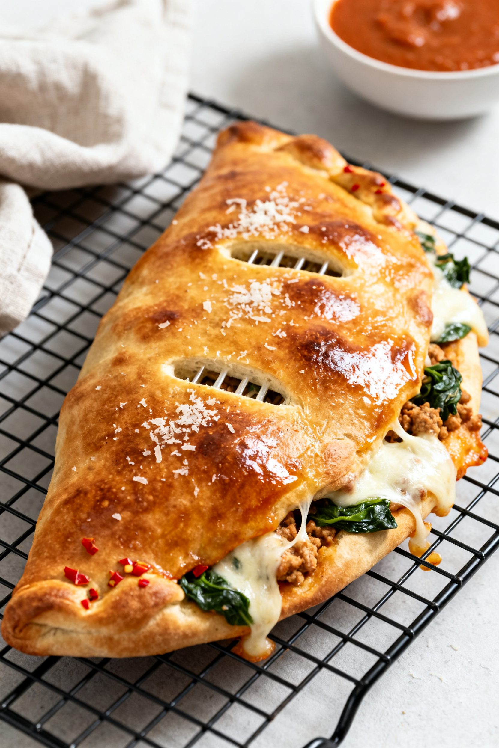 Close-up detail: A just-cooked air fryer ground chicken calzone resting on a cooling rack, crust dee