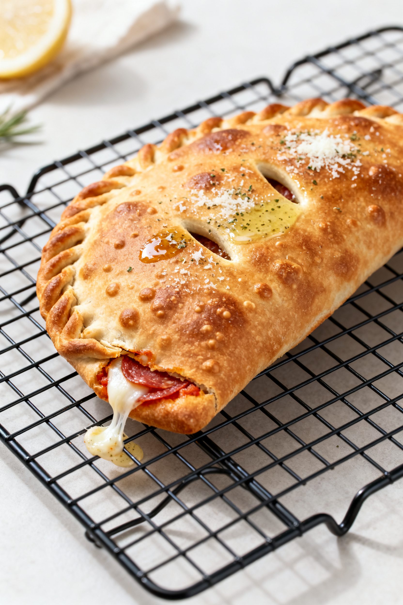 Close-up detail: A just-cooked air fryer pizza pocket on a wire rack, crust deep golden and blistere