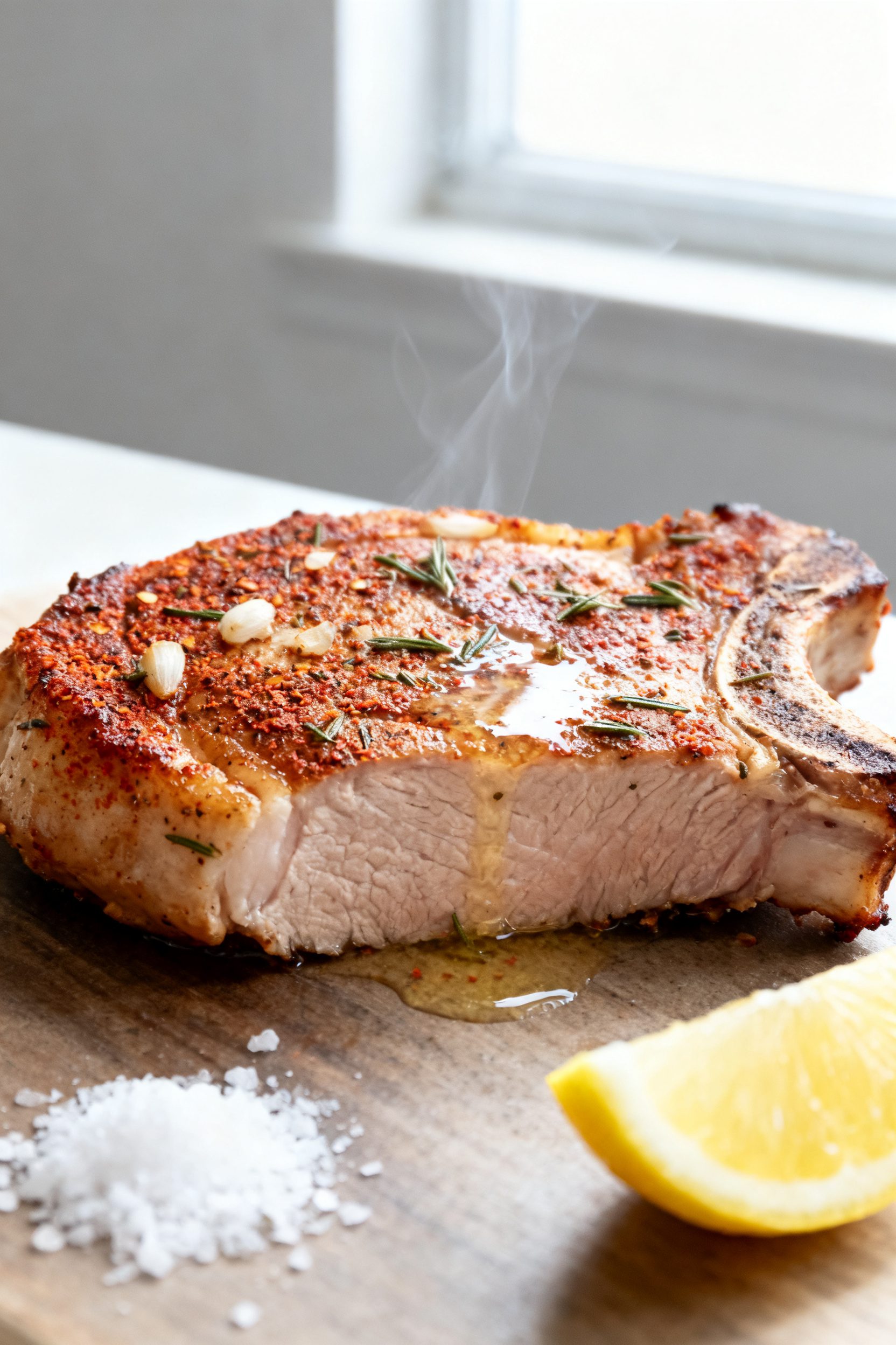 Close-up detail: A just-cooked boneless pork chop resting on a board, showing crisp, paprika-tinged