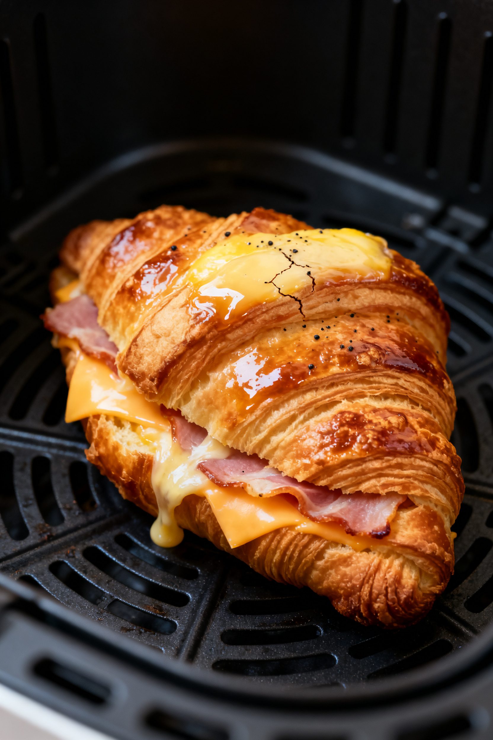 Close-up detail: A just-cooked ham and cheese croissant fresh from the air fryer basket, deep golden