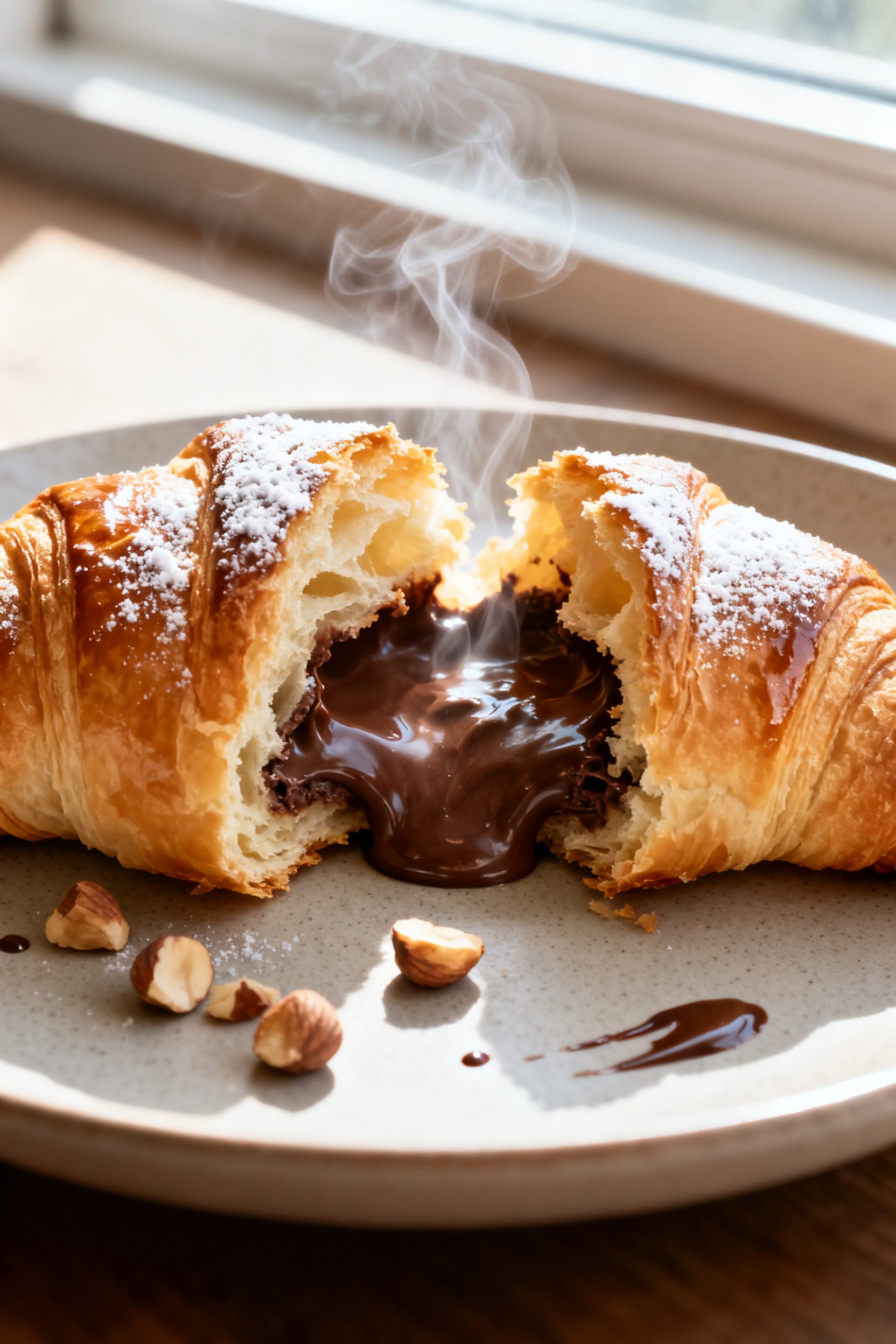 Close-up detail: A just-cooked Nutella-filled crescent roll torn open to reveal gooey, melty chocola