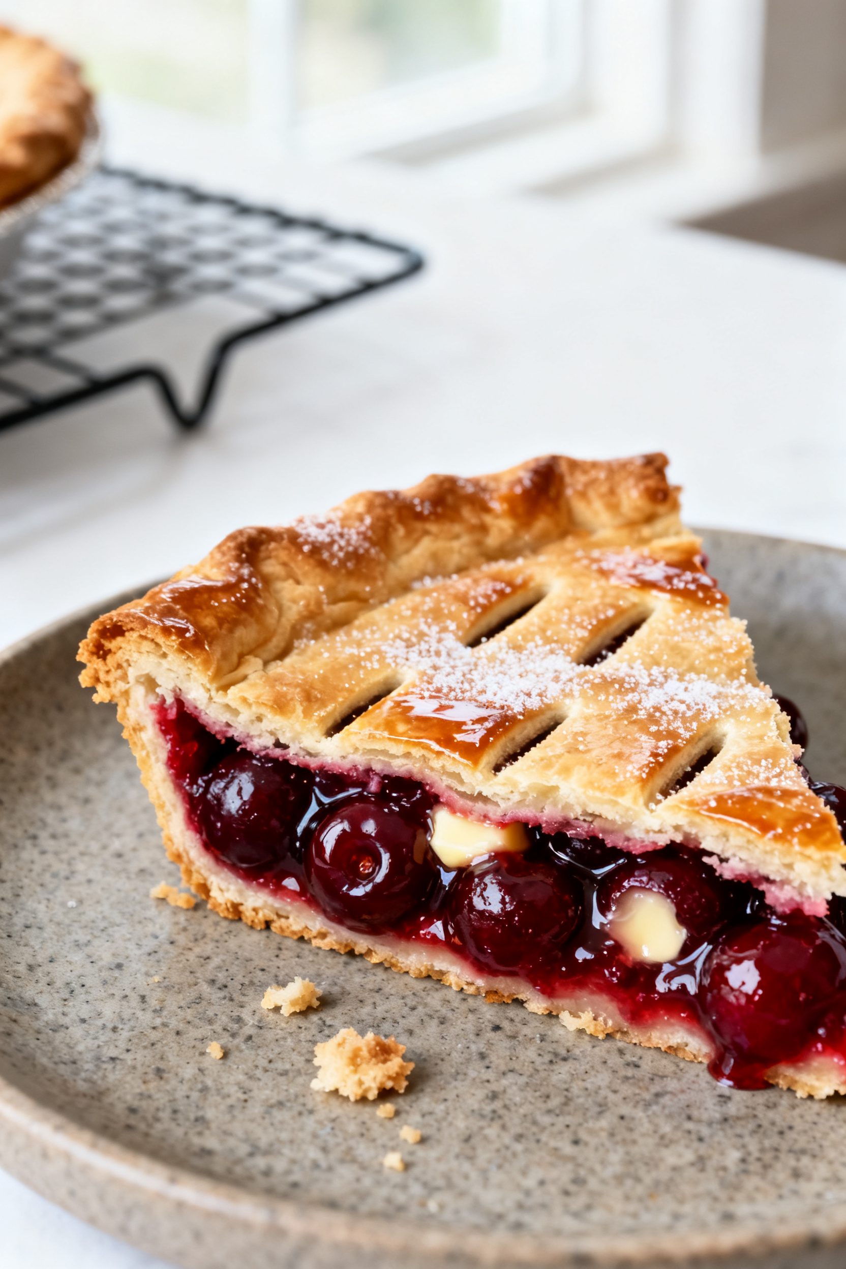 Close-up detail: A slice of air-fried cherry pie just cut, showing glossy, jammy cherry filling bubb