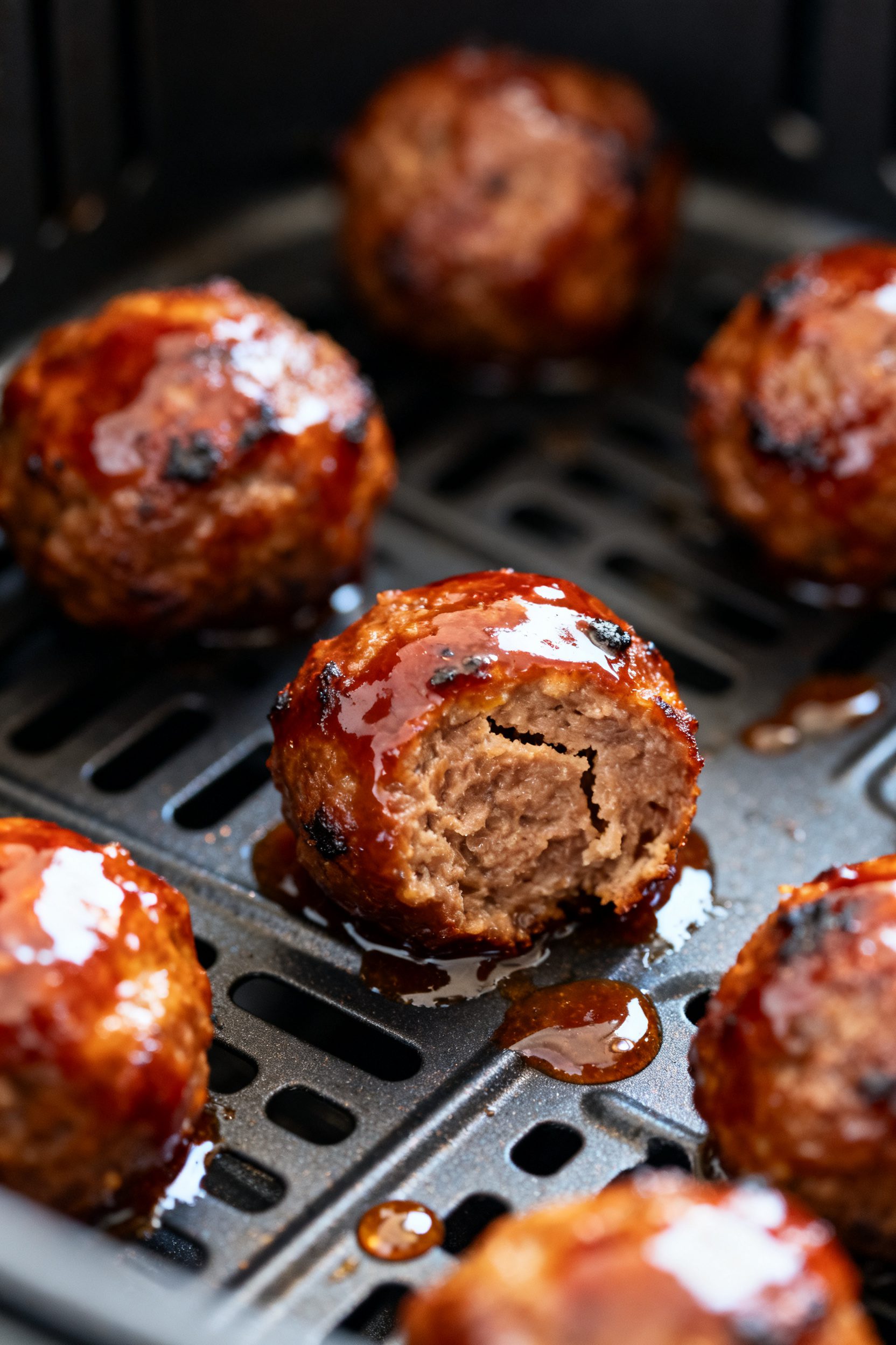 Close-up detail: A tight macro shot of glossy air-fried BBQ meatballs just after glazing in the air 