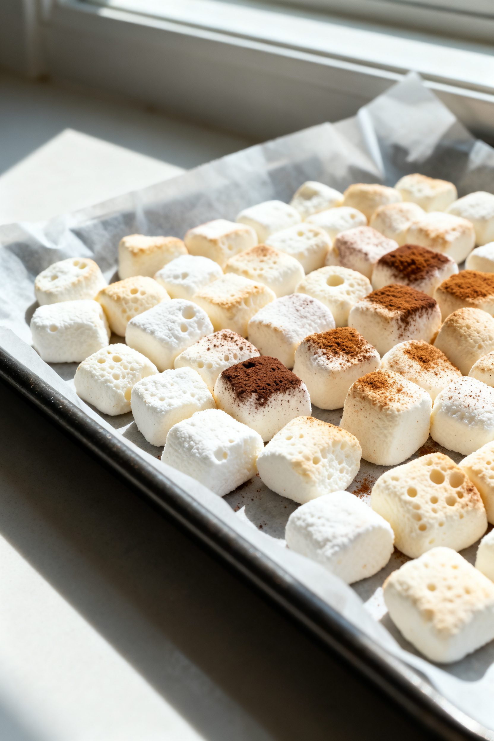 Close-up detail: A tray of freshly air-fried dehydrated mini marshmallows cooling on a parchment-lin