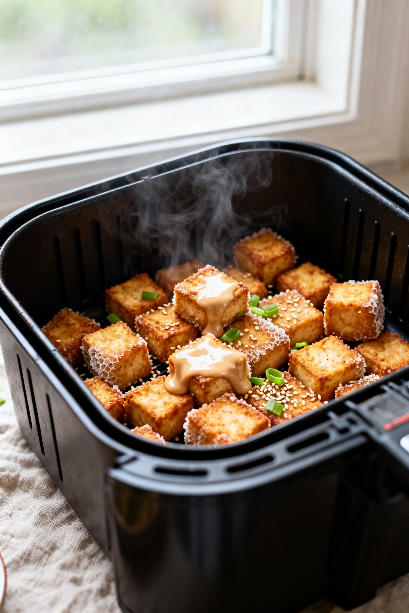 Close-up detail: Air-fried bang bang tofu cubes just out of the basket, golden and crisp with bubble