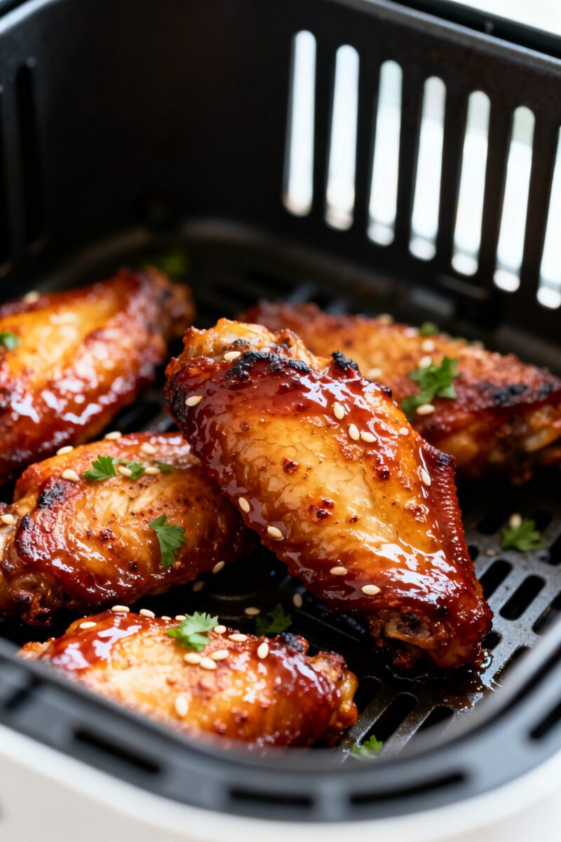 Close-up detail: Air-fried BBQ chicken wings just out of the basket, skin deeply golden with light c