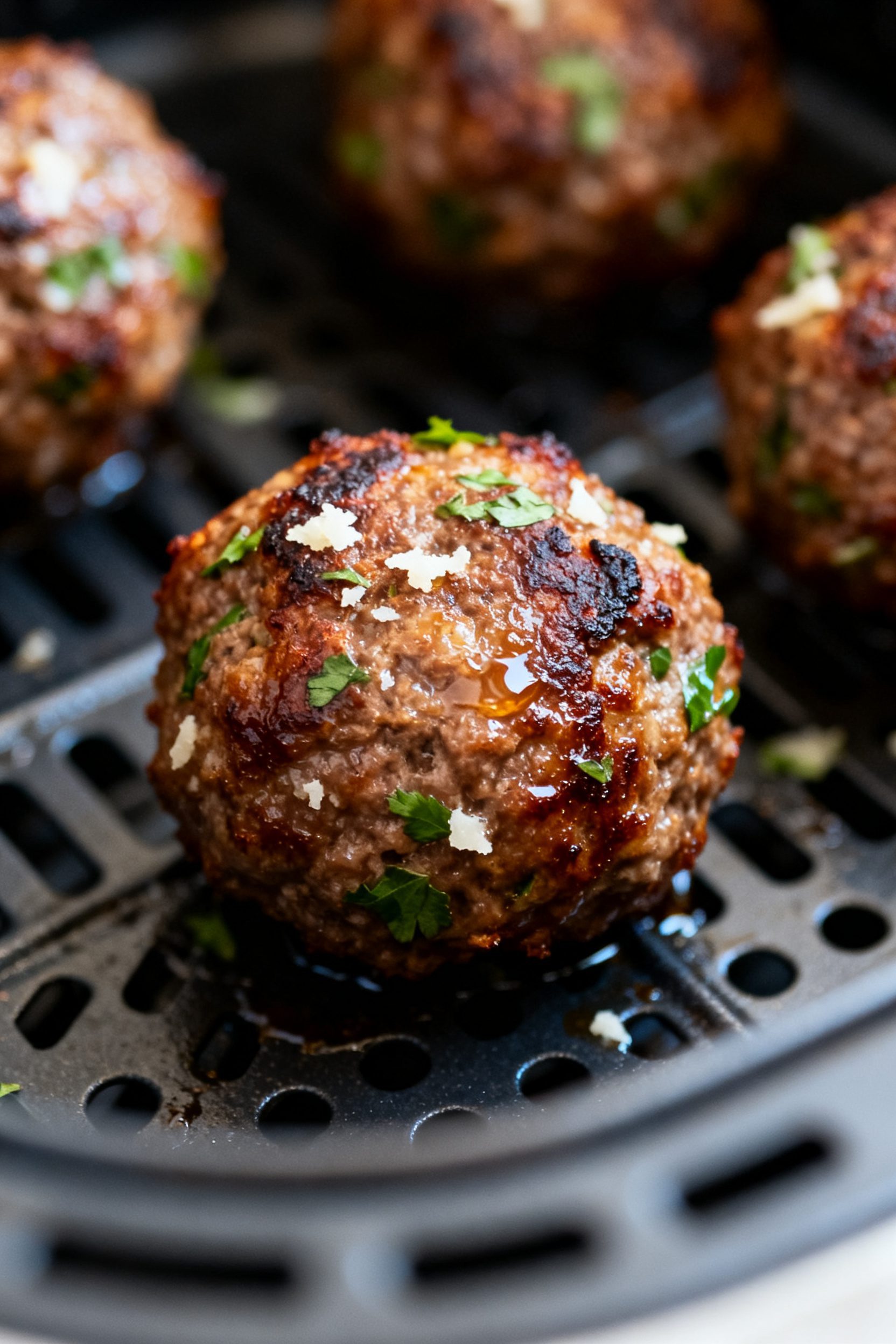 Close-up detail: Air-fried beef meatballs just finished cooking in the basket at 380°F, deeply brow