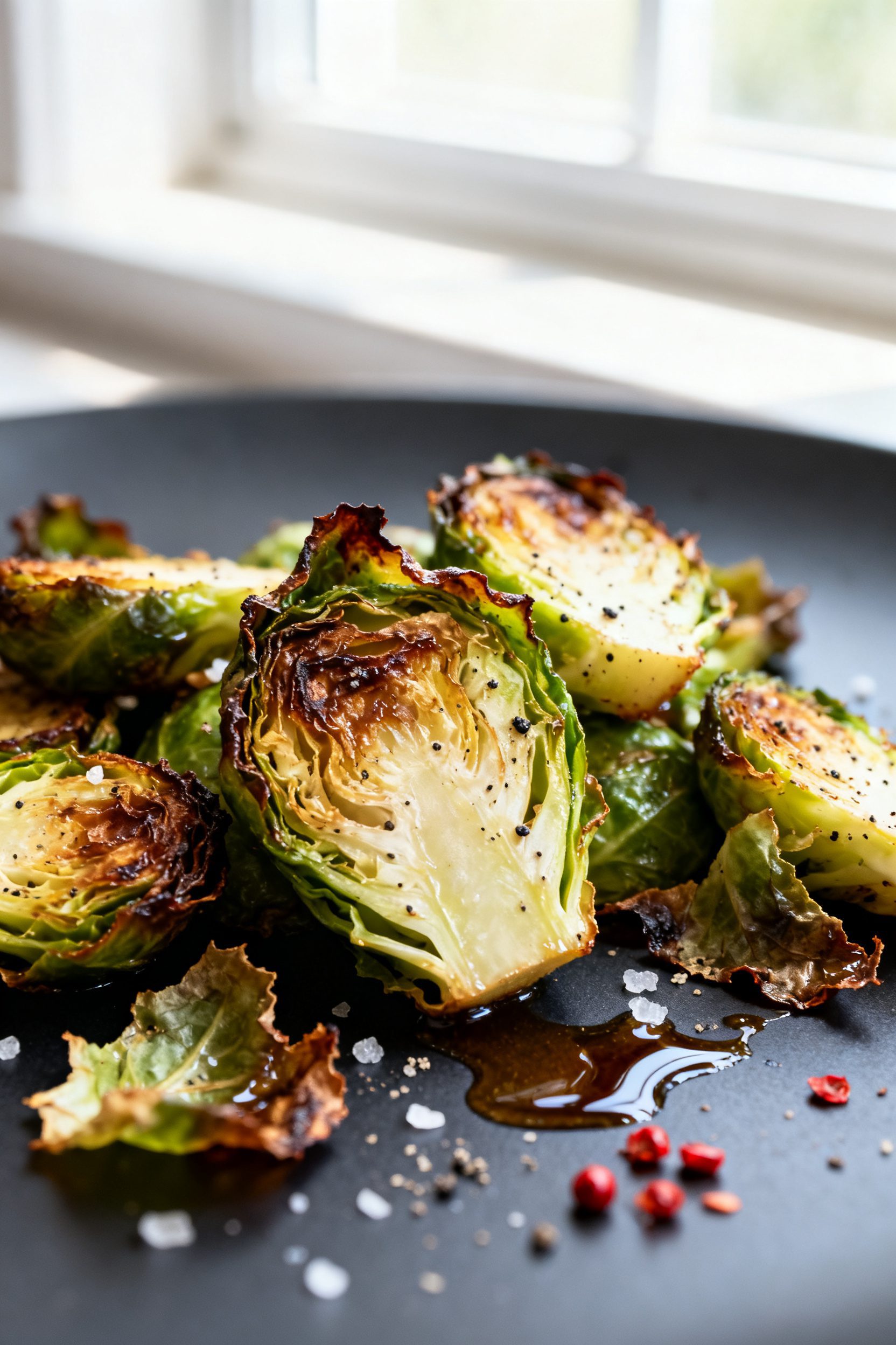 Close-up detail: Air-fried Brussels sprouts just out of the basket, cut sides down with deeply caram