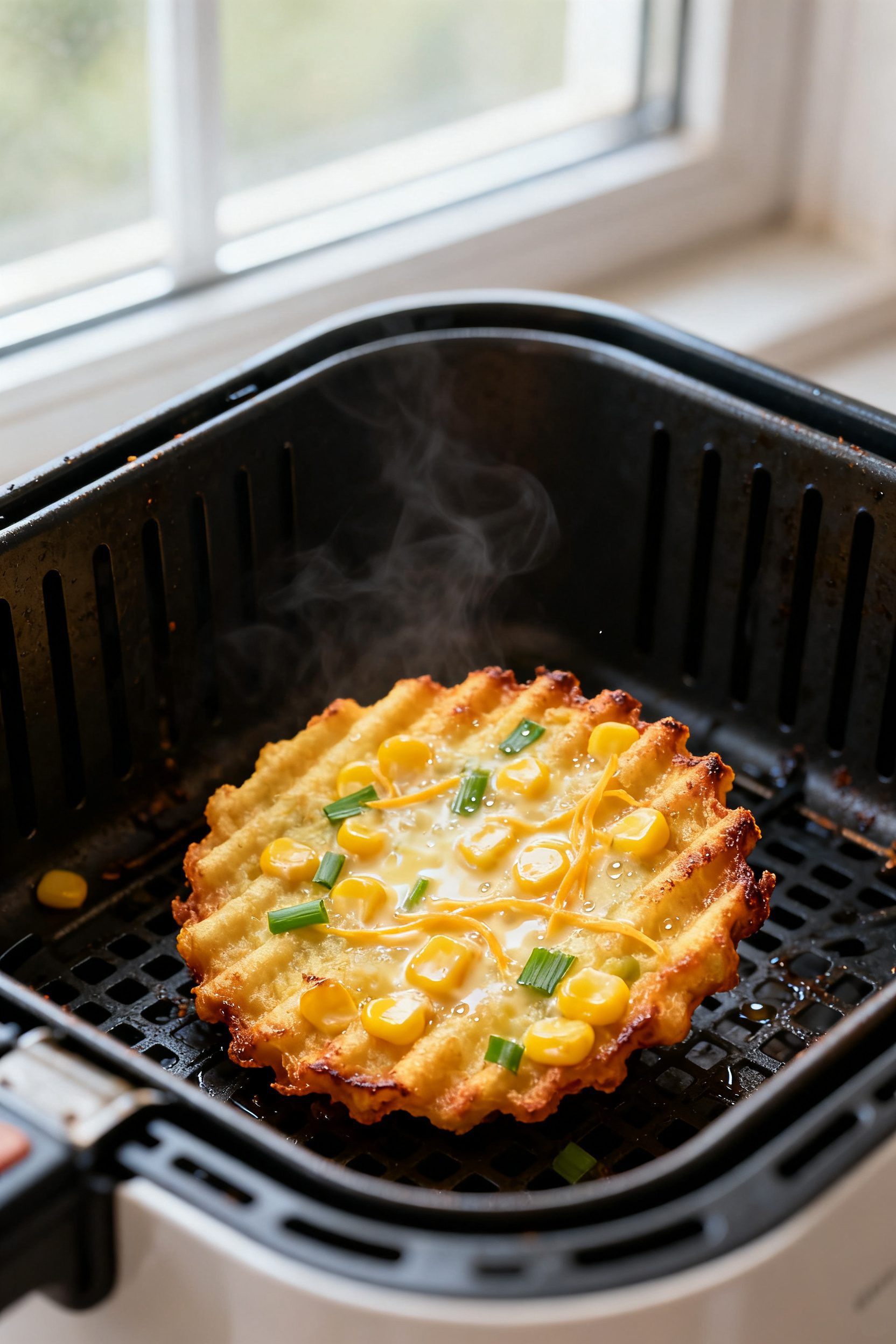 Close-up detail: Air-fried corn fritter just flipped in the basket at 390°F, deep golden ridged edg