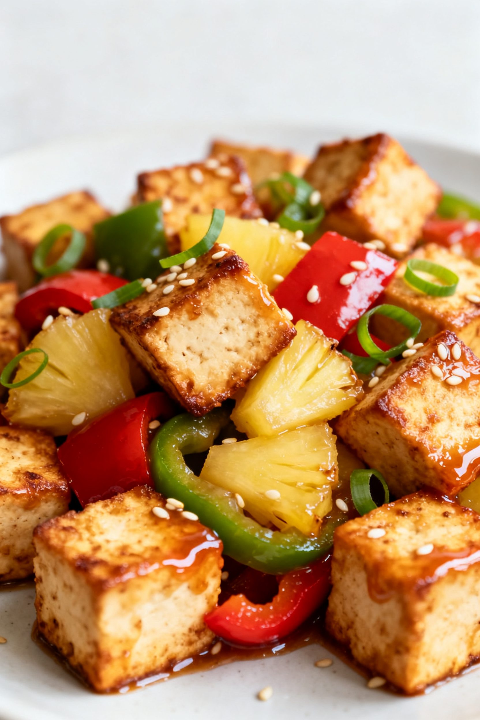 Close-up detail: Air-fried extra-firm tofu cubes with crisp, golden, lightly browned edges glistenin
