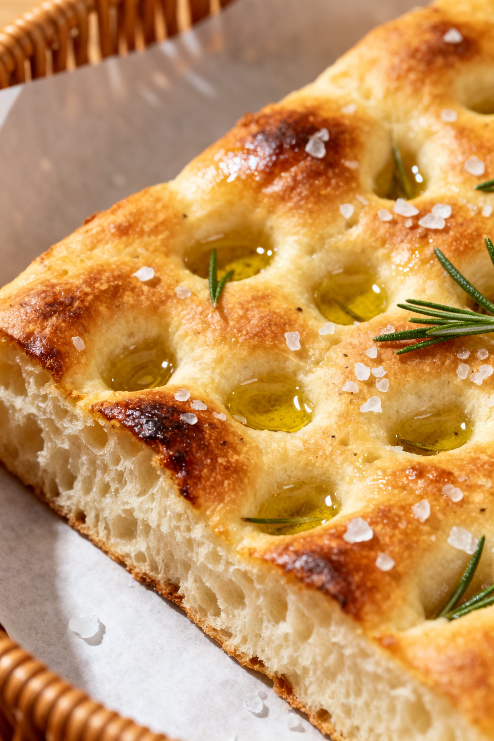Close-up detail: Air-fried focaccia just out of the basket, golden blistered top with deep olive-oil