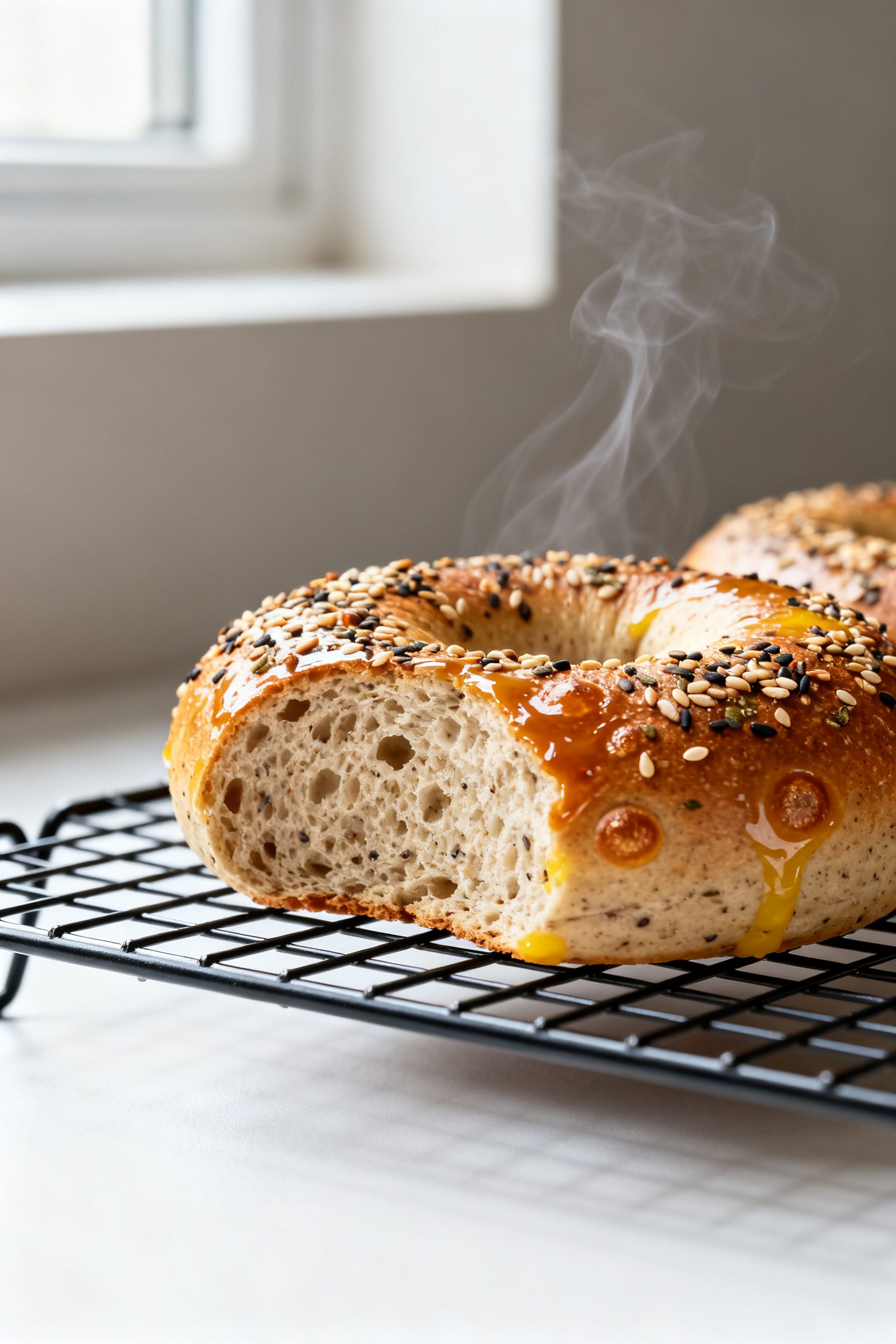 Close-up detail: Air-fried gluten free bagels just out of the basket, deep golden crust with visible