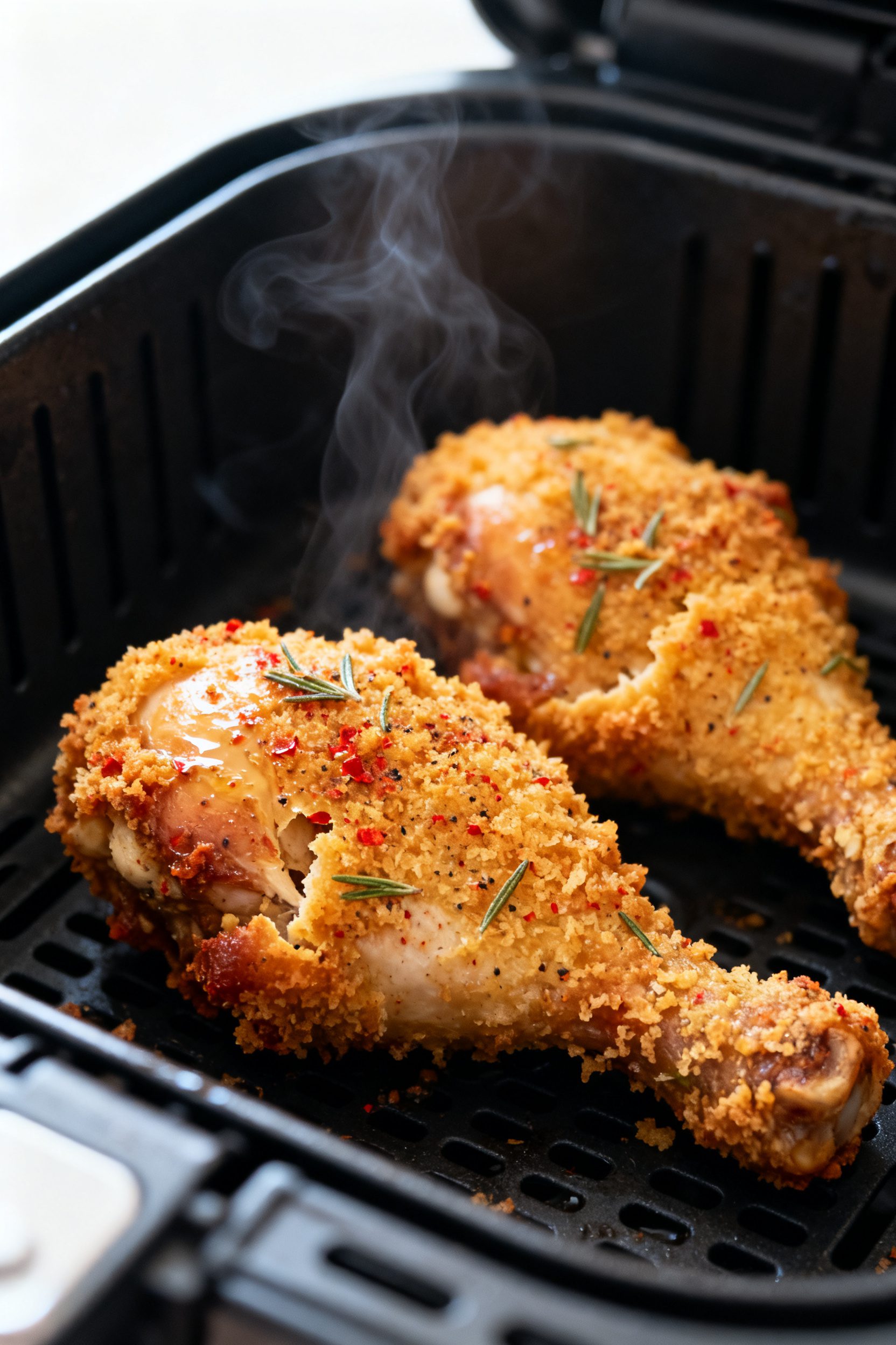 Close-up detail: Air-fried gluten free fried chicken drumstick just out of the basket, ultra-crispy,