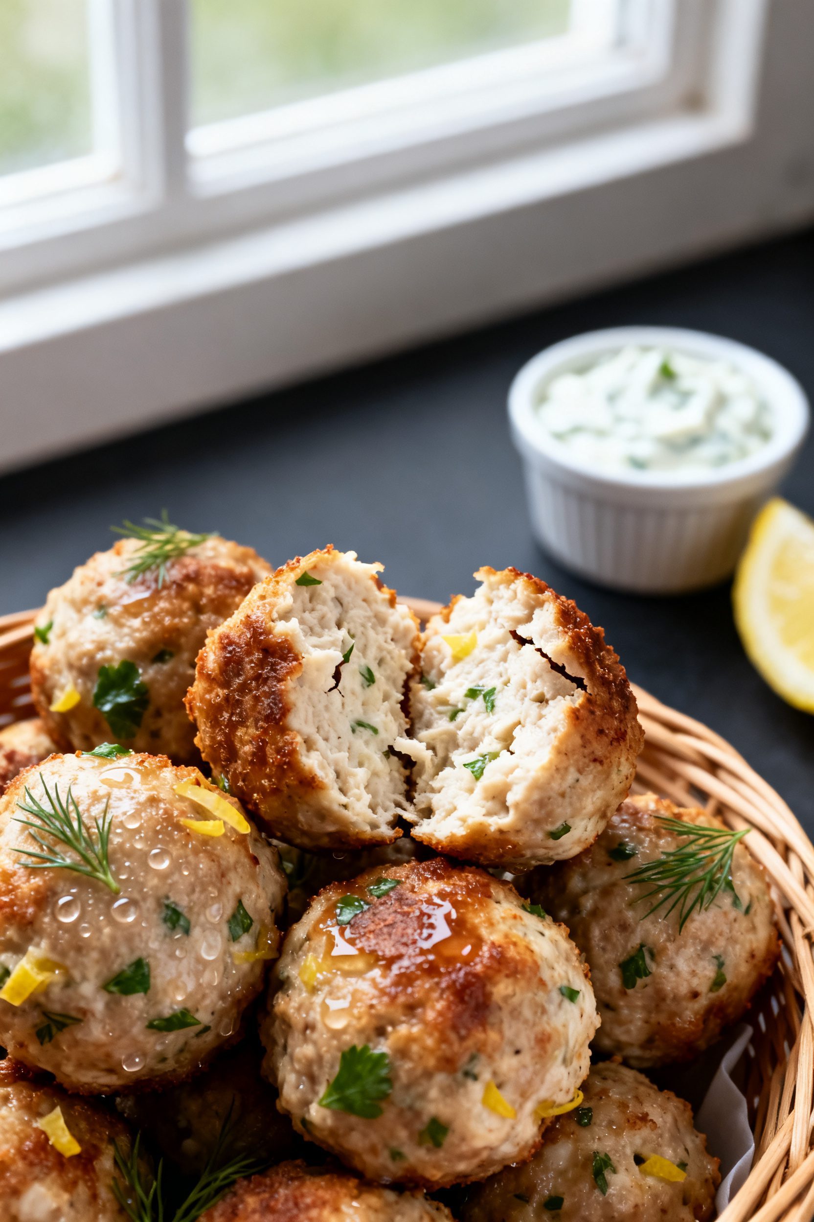 Close-up detail: Air-fried Greek chicken meatballs just out of the basket, lightly browned with a de