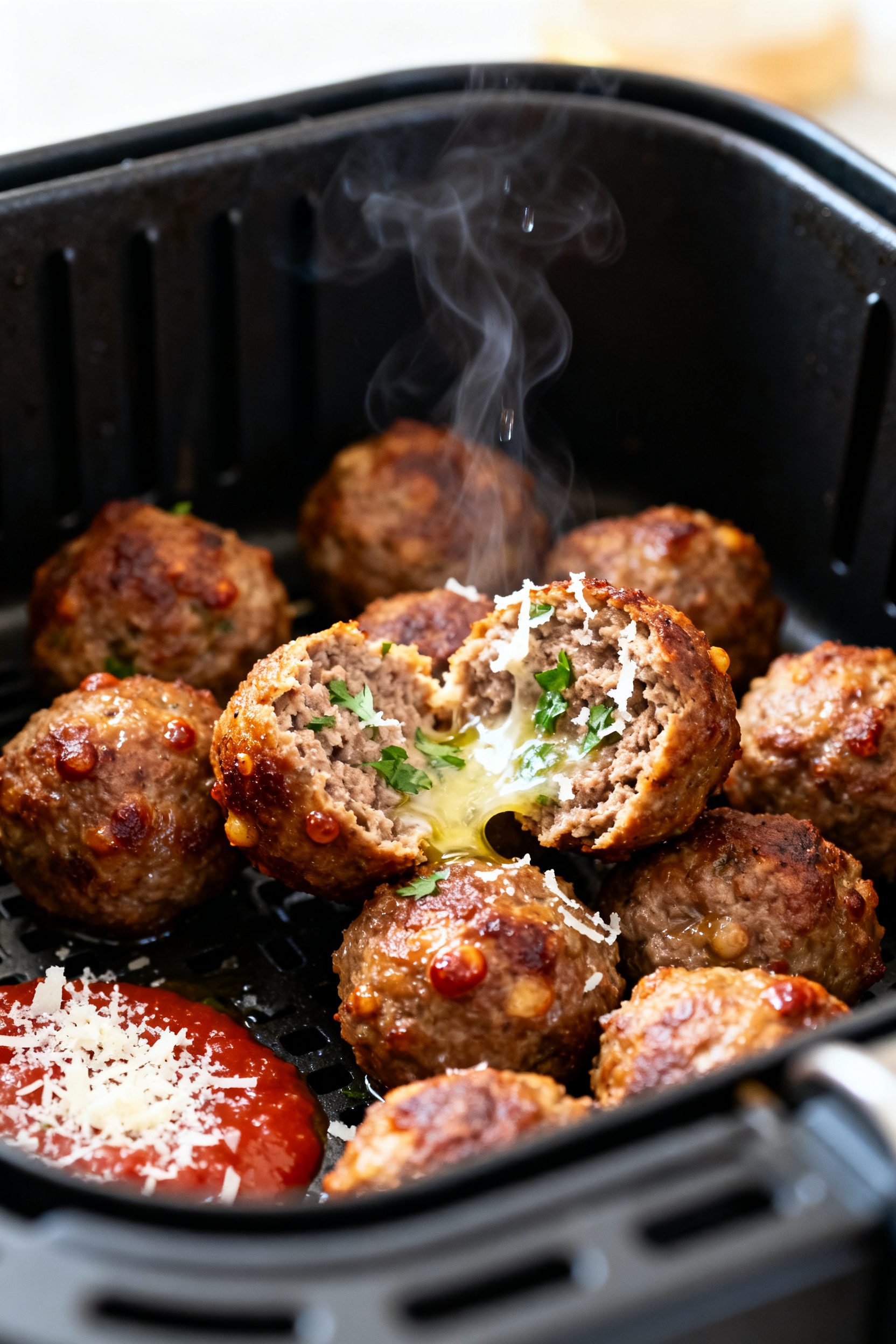 Close-up detail: Air-fried Italian sausage and beef meatballs just out of the basket, golden-brown a